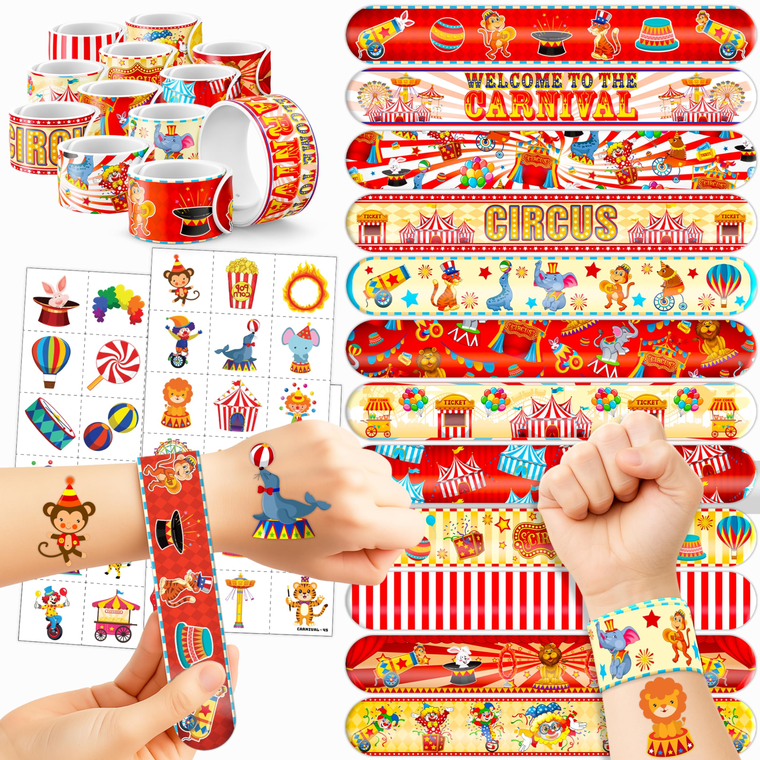 Cherisnowy 72PCS Carnival Party Set 48PCS Temporary Tattoos & 24PCS Slap Bracelets Fun Circus Themed Birthday Supplies, Baby Shower Gifts, Classroom