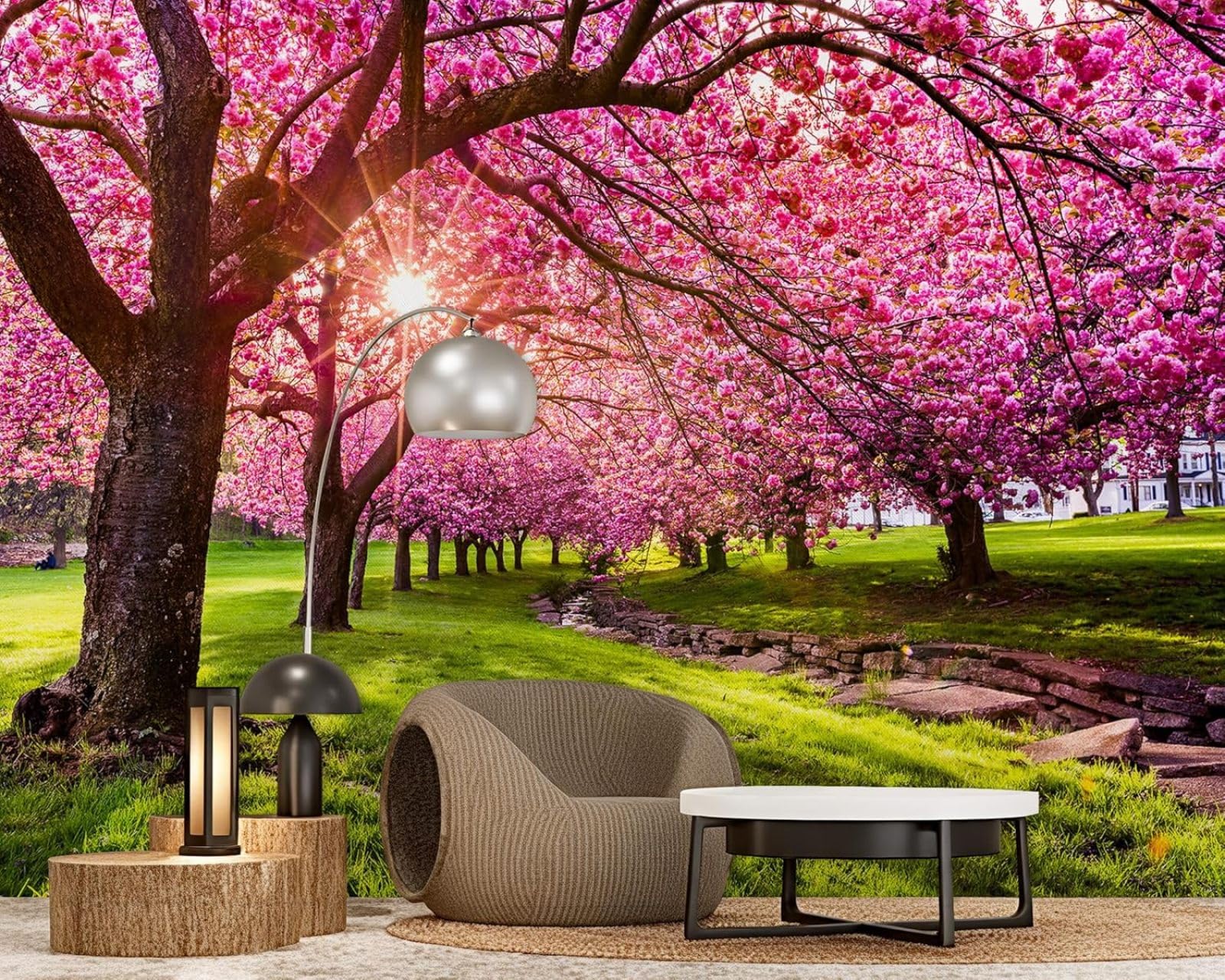hgjdjhnf Photo Wallpaper Pink Blossoms Tree Cherry Blossom Allee Non-Woven ModernLiving Room Bedroom Children's RoomDecoration Motif Wallpaper,150cmx105cmSticker - Background- Painting