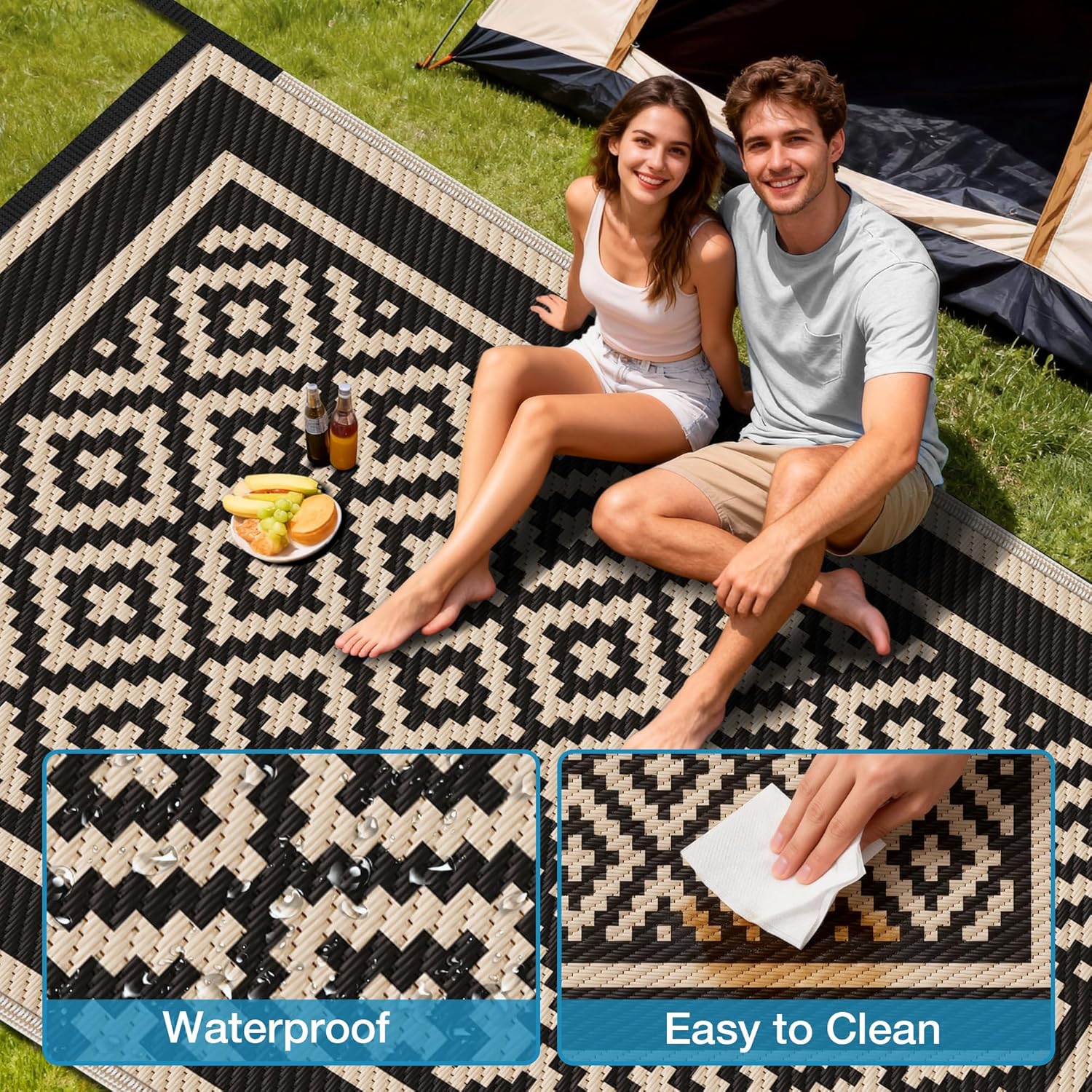 Kohree RV Outdoor Rug 9x12 Reversible, Waterproof Patio Mat with 4 Stakes & UV Fade Resistant, Non-Slip Outdoor Camping Mat for Deck, Picnic, Backyard, Includes Carry Bag (Black & Brown)