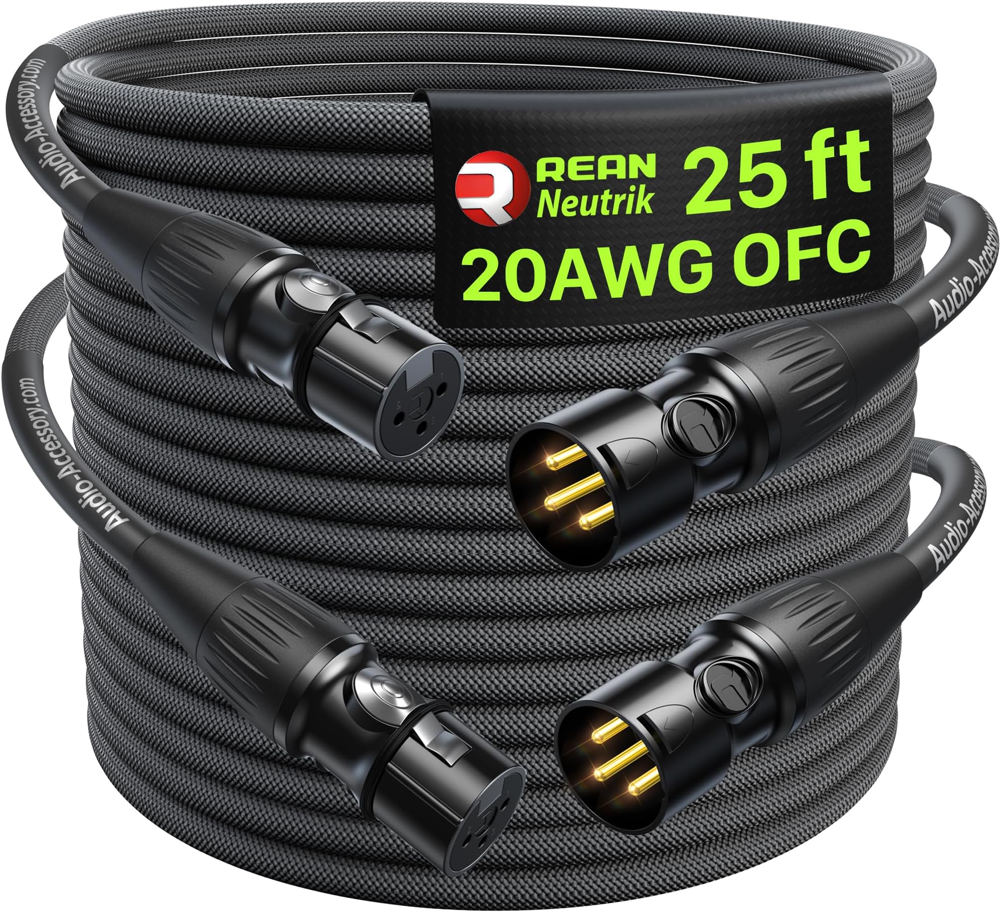 XLR Cables 25ft 2 Pack, 20 AWG, Kevlar-Reinforced Nylon Braided Microphone Cable, Professional Gold-Plated Rean Connectors from Neutrik, Mic Cable, Shielded and Balanced XLR Male to Female Cord
