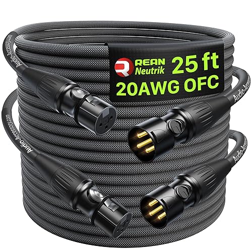 Cables XLR 25 pies 2 Pack, 20 AWG, Cable de micrófono trenzado de nylon reforzado con Kevlar, Conectores Rean chapados en oro profesionales de