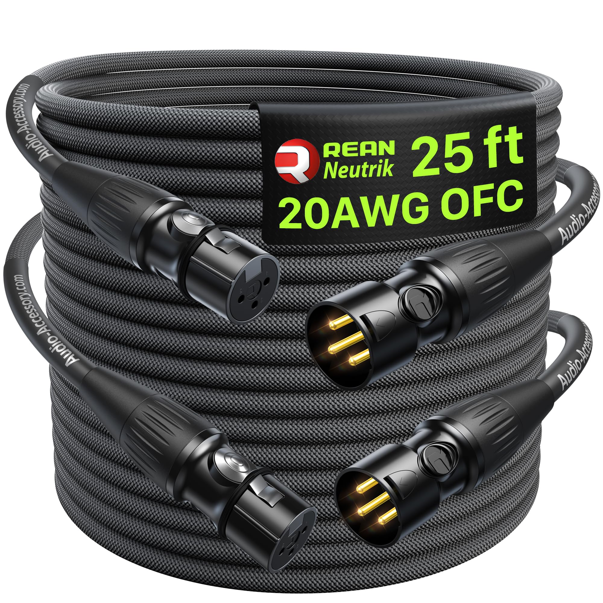 Cables XLR de 7.6m, 2 unidades, conectores Rean profesionales chapados en oro de Neutrik, cable de micrófono XLR trenzado de nailon reforzado con Kevlar, cable de micrófono, cable blindado y