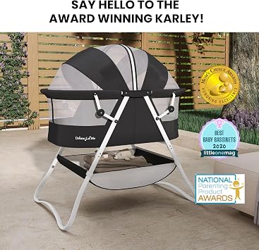 Dream On Me Karley Portable Infant Bassinet, Double Mesh Canopy, Black | Quick Foldable Travel Bassinet with Storage Basket, Mattress Pad Included, Lightweight, For Indoor Outdoor Use, BSA Verified