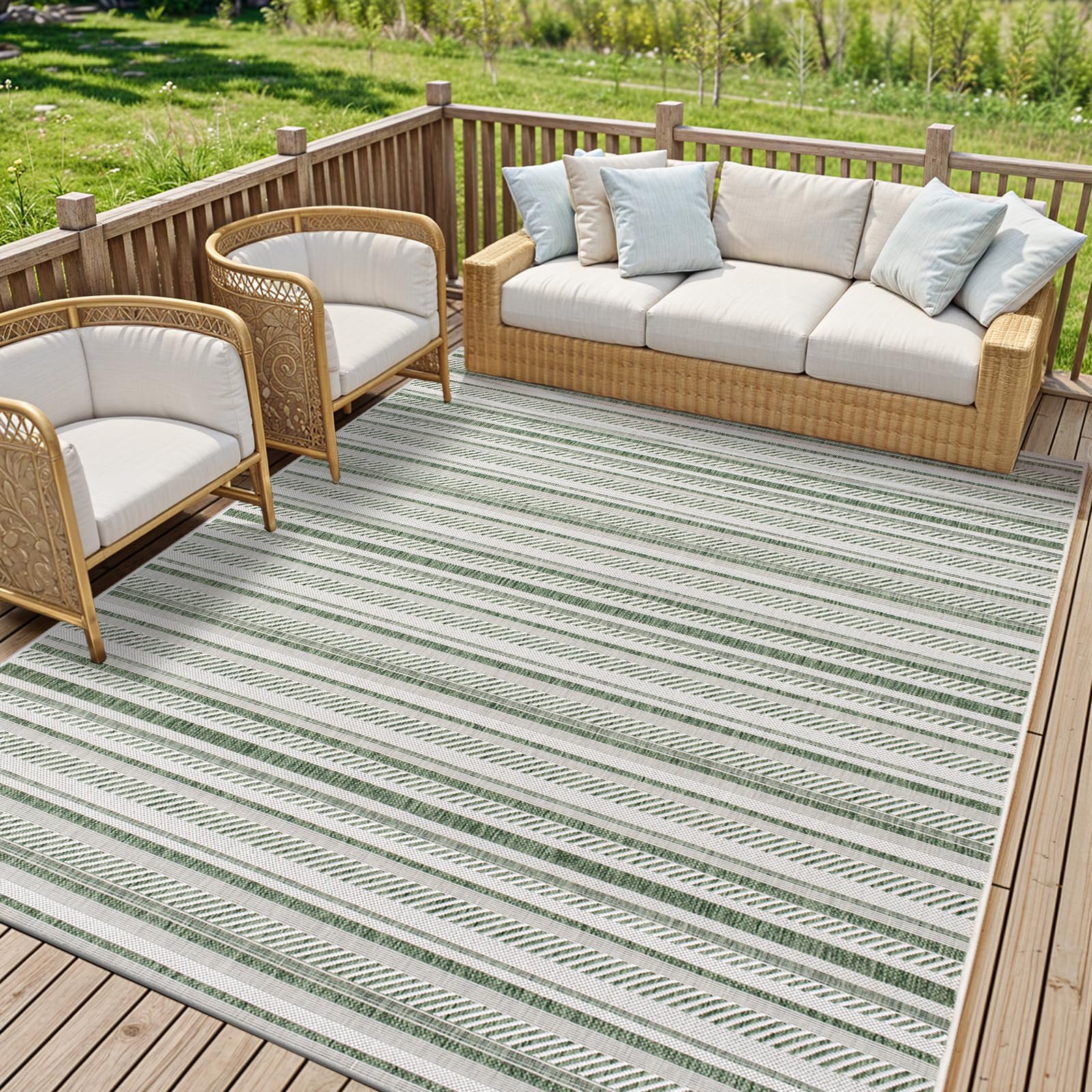 Livabliss Kavita Ibiza Indoor Outdoor Floor Covering 200x275 cm – Boho Pattern for Living Room, Patio & Kitchen, Waterproof, Stain-Resistant, Dark Green & Ivory