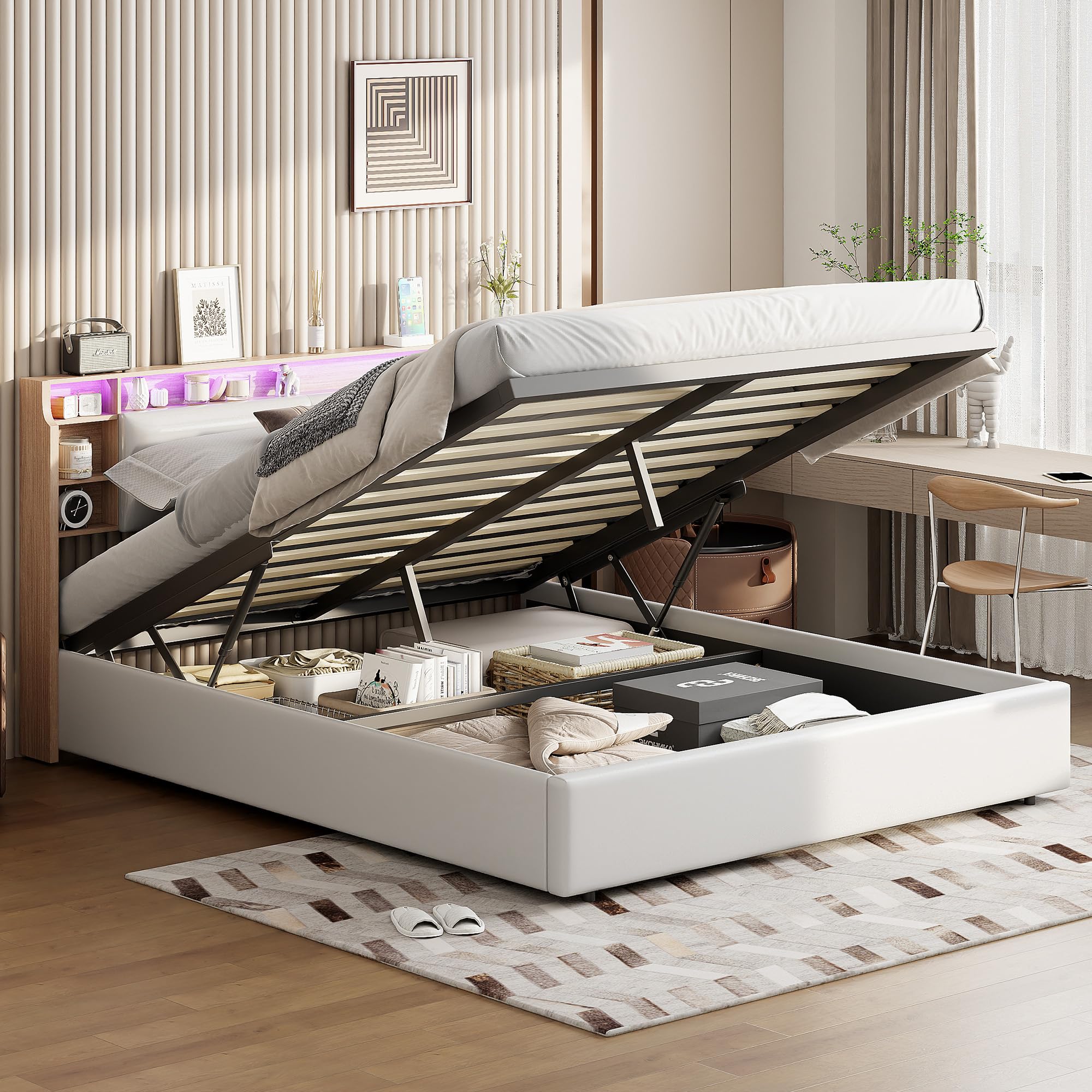 Letto Matrimoniale 140x200 Con LED, Testiera Imbottita E Contenitore – Letto Estraibile E 2 Cassetti, Struttura In MDF, Beige/Grigio