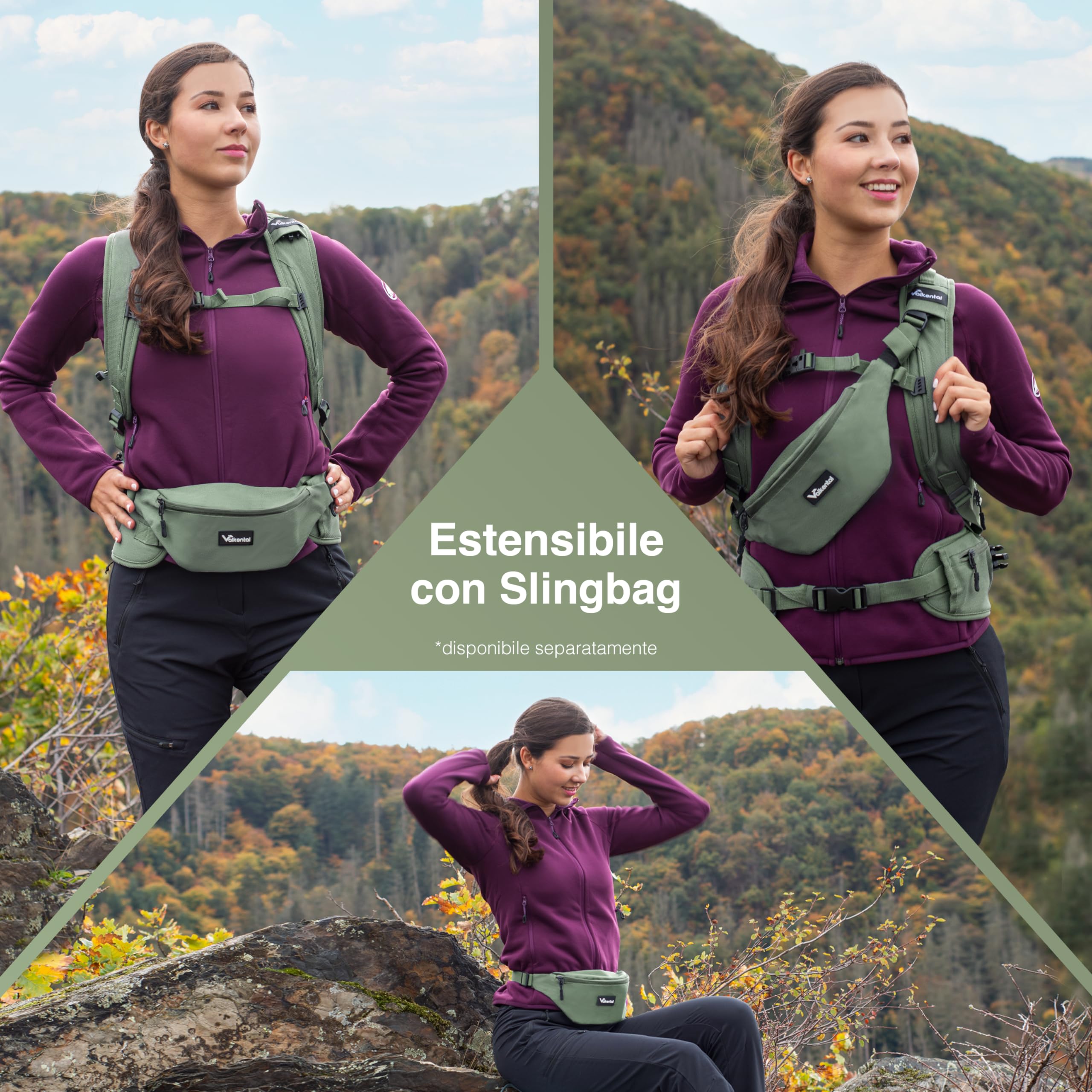 Valkental - Zaino di Alta Qualità e Sostenibile con Cinture Fianchiali Riponibili | 22L | Espandibile con Marsupio - Perfetto per Escursionismo, Trekking, Ciclismo e Attività all'Aperto