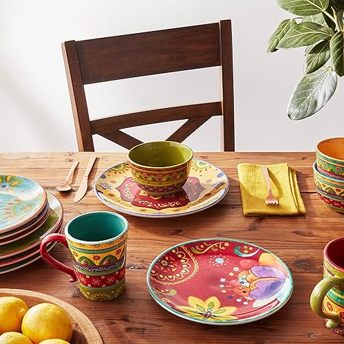 Miniatura 7 de Tunisian Sunset - Juego de vajilla de cerámica de 16 piezas, servicio para 4 – Coloridos platos, cuencos y tazas bohemios con patrones florales