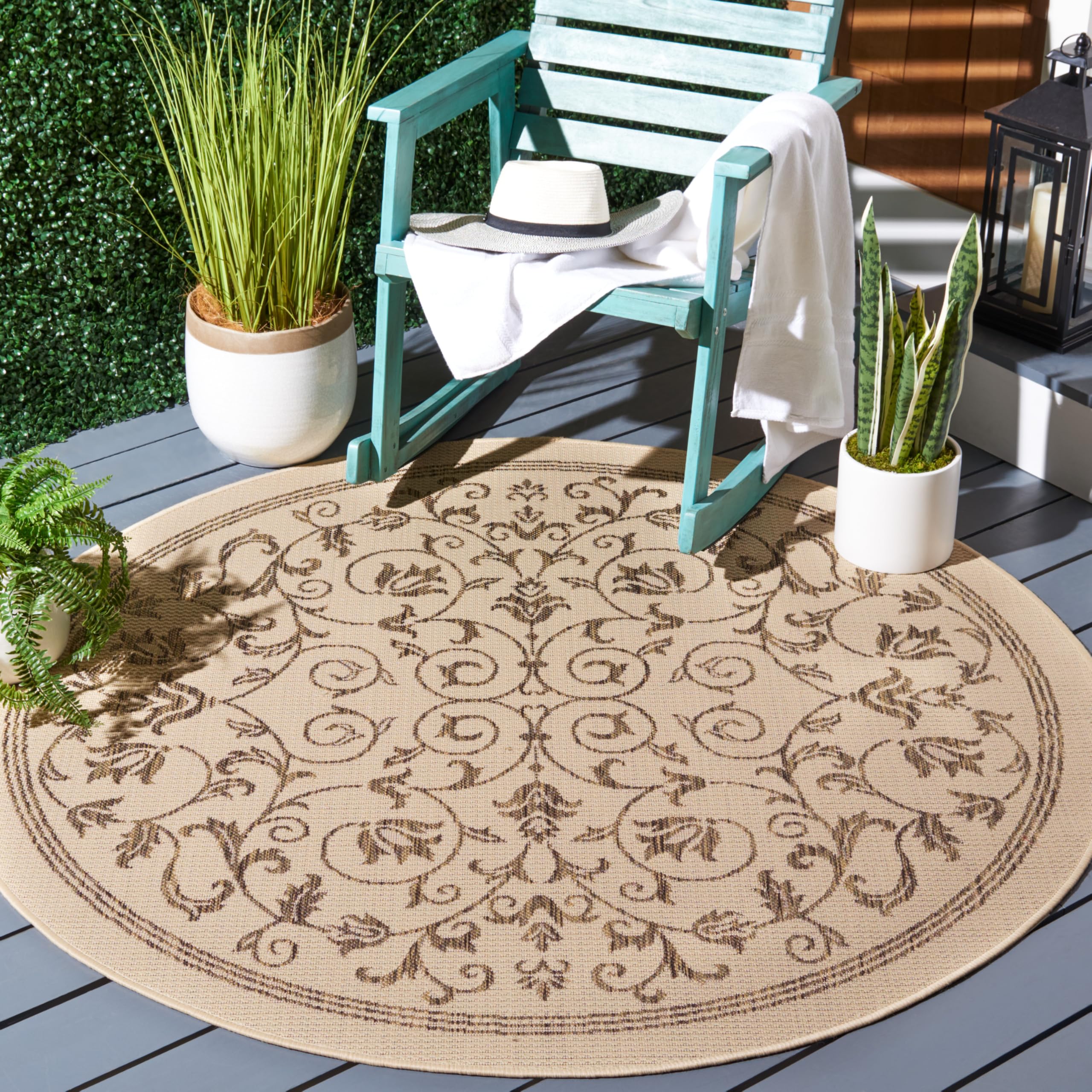 SAFAVIEH Washable Rug Outdoor Courtyard Collection - 5'3" Round, Natural & Brown, Non-Shedding & Easy Cleaning, Ideal for Patio, Backyard, Mudroom (