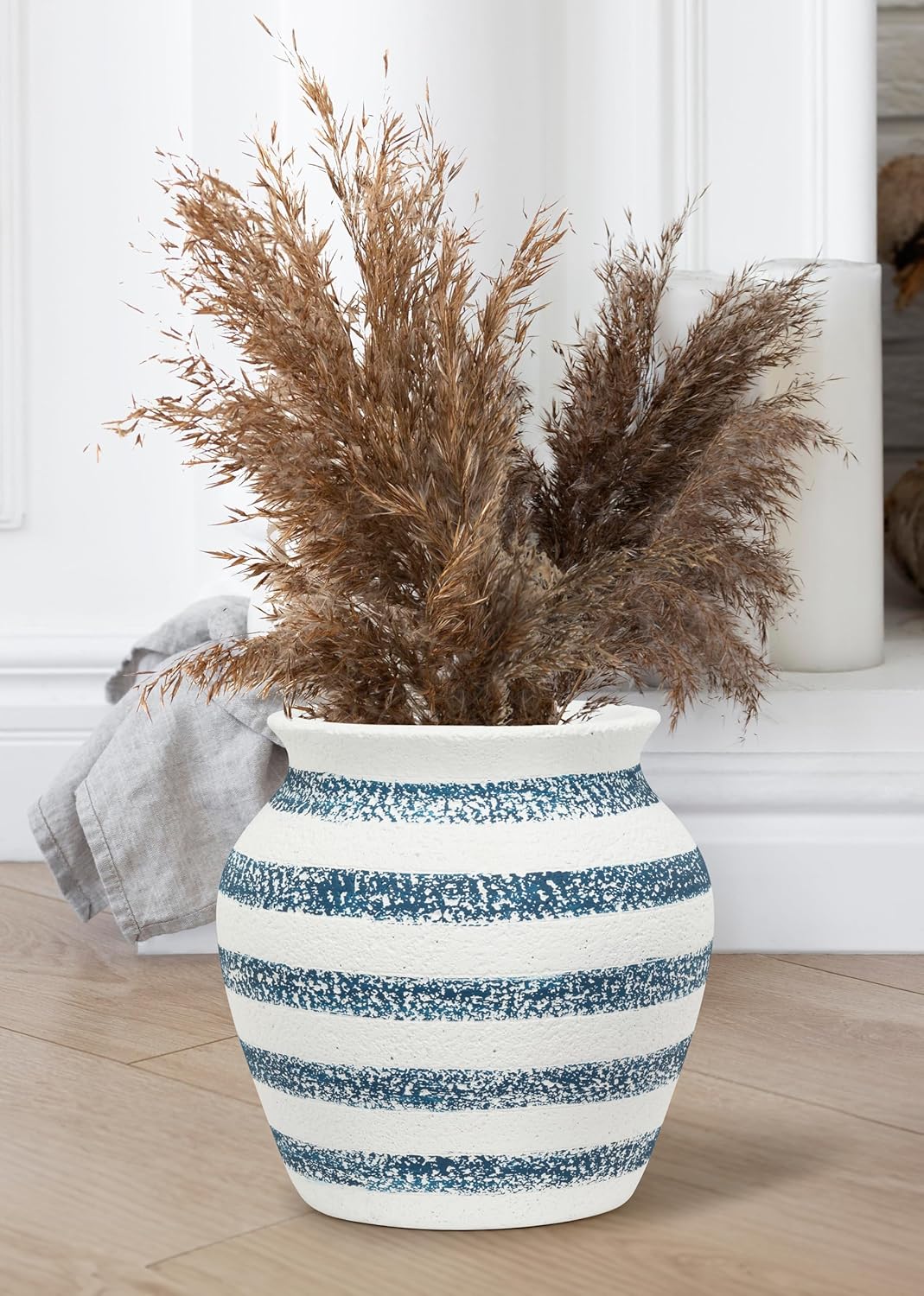 Abbott Collection Large Striped Urn Planter - Cement, White/Blue (8.5" H)