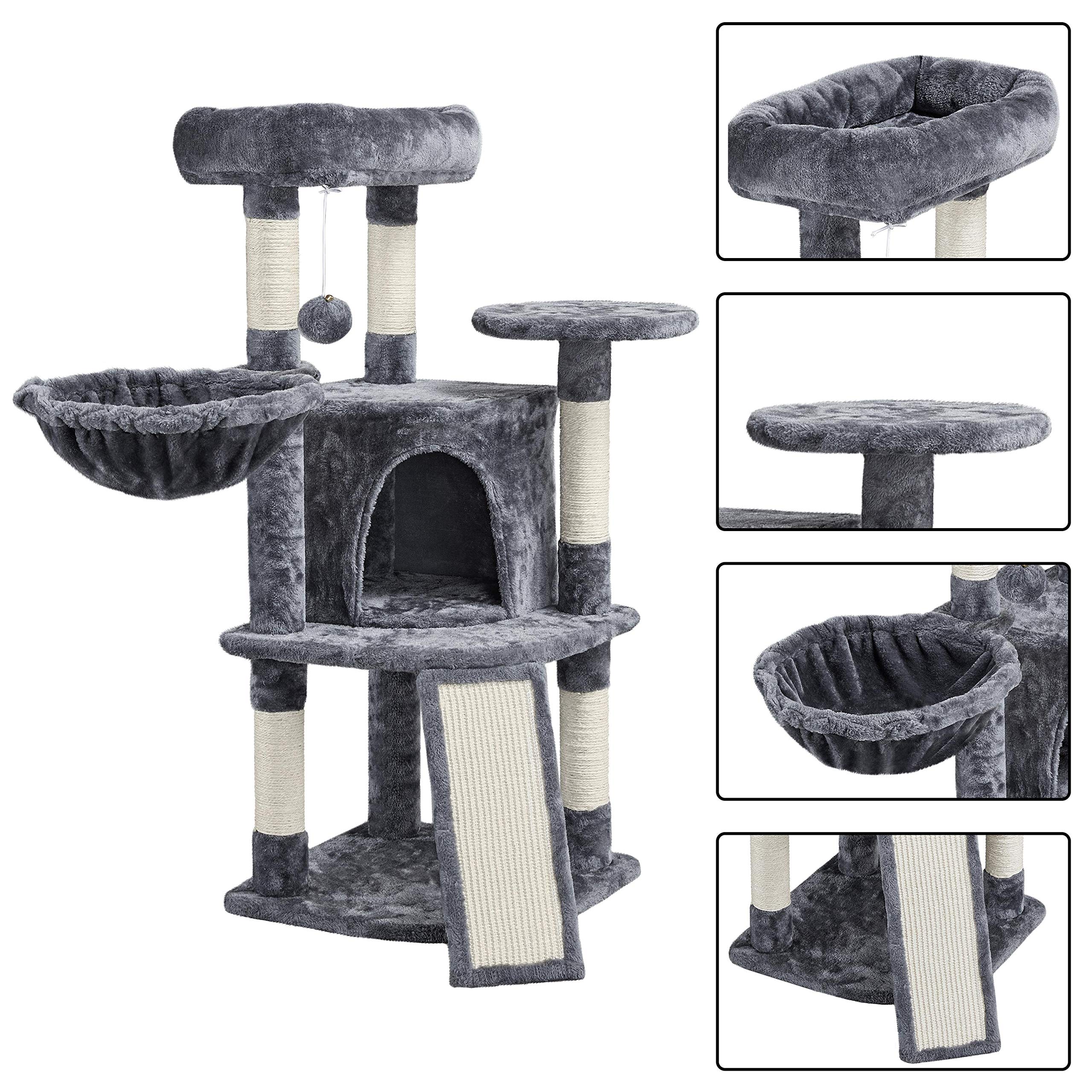 Yaheetech Árbol Rascador para Gatos Grandes 106 cm Altura con Espaciosas Cueva para Gato de Casa Torre para Mascato Grande Gris Oscuro | Rampa de sisal, Correa antivuelco, postes cuerda de sisal, Bola colgante sustituible, Condominio grande, cesta acogedo