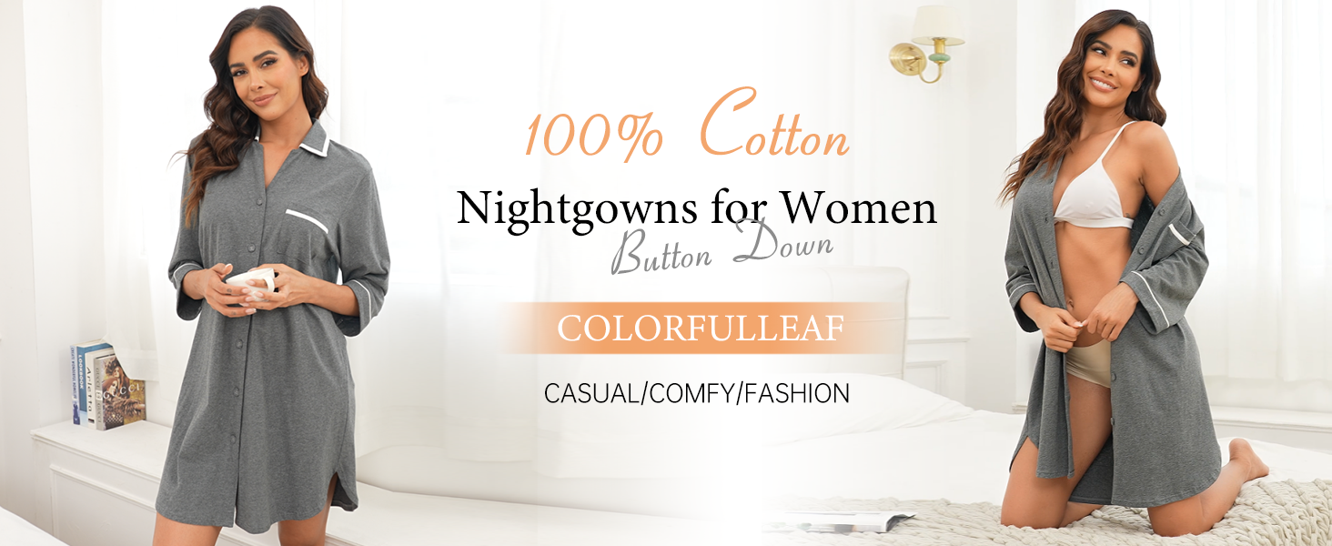 COLORFULLEAF 100% Cotton Night Shirts for Women Button Down Nightgown Soft  Sleep Shirt Comfy Night Dress (Black, S) at Amazon Women's Clothing store