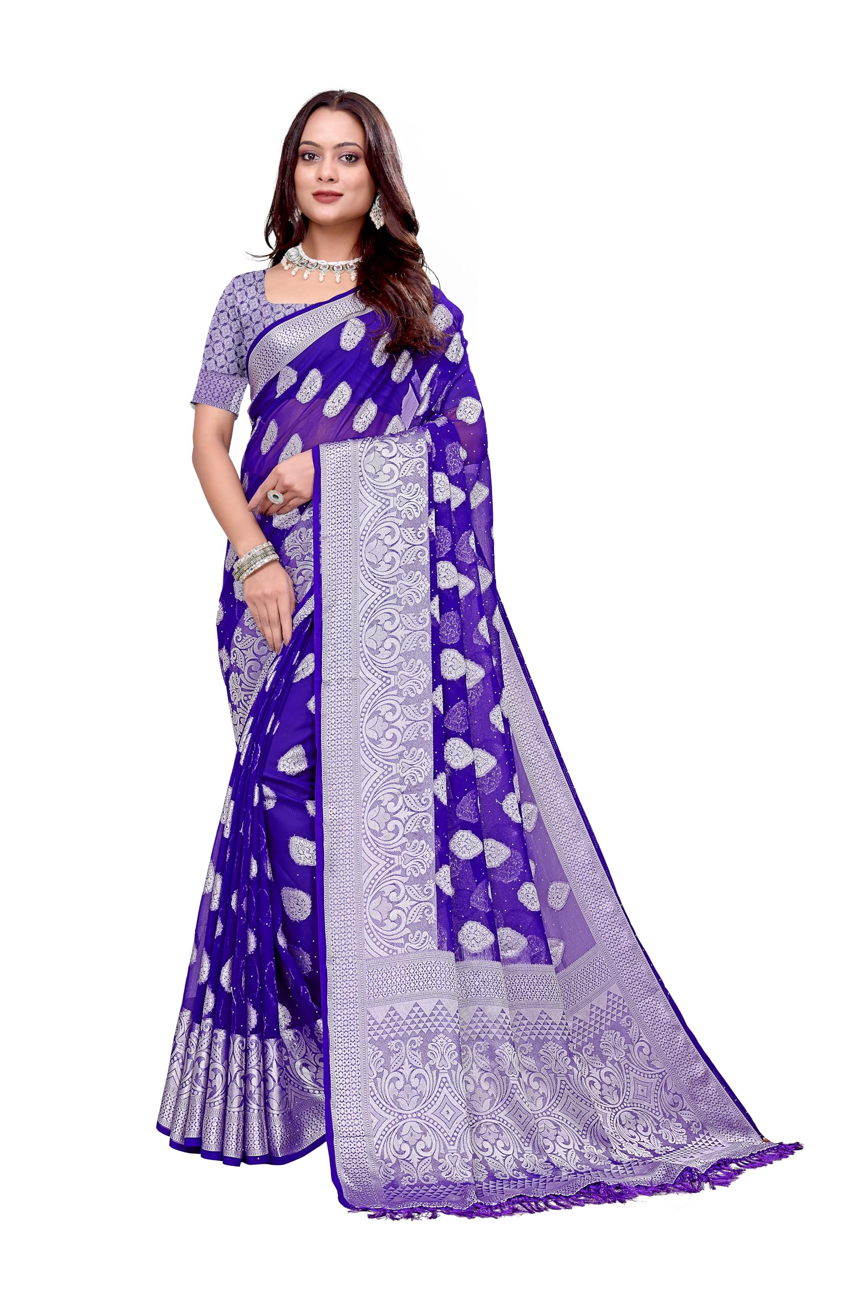 Women's Georgette Saree with Blouse Piece, Hand Wash Only, Silver Woven Floral Buta, for Festival, Party and Wedding, Stone Work, Jacquard-picture-35