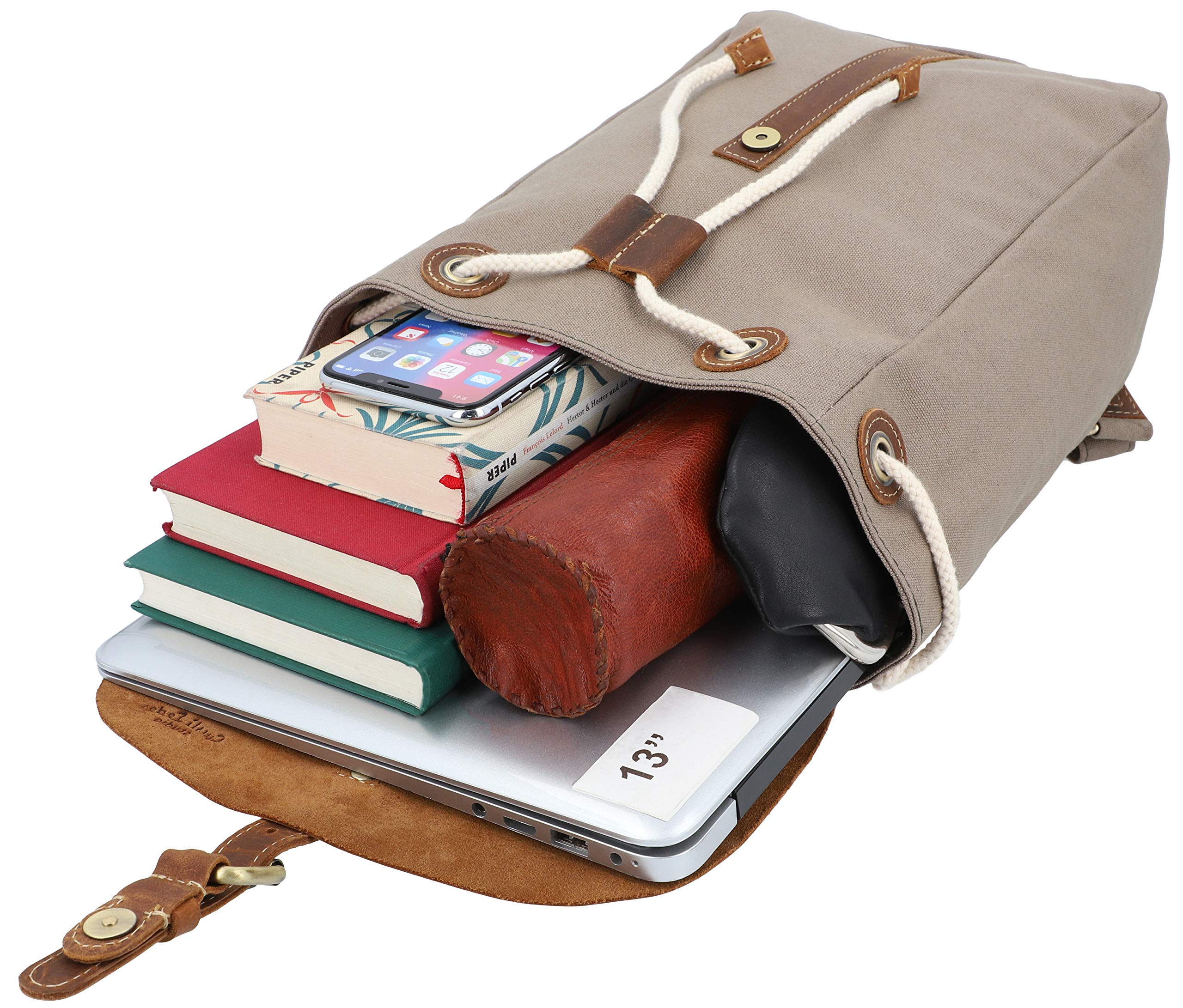 Gusti Rucksack Leder - Paula M Damen groß Cityrucksack Collegerucksack Unirucksack Daypack Schultasche Laptoptasche Laptoprucksack Lederrucksack Grau Canvas & Leder