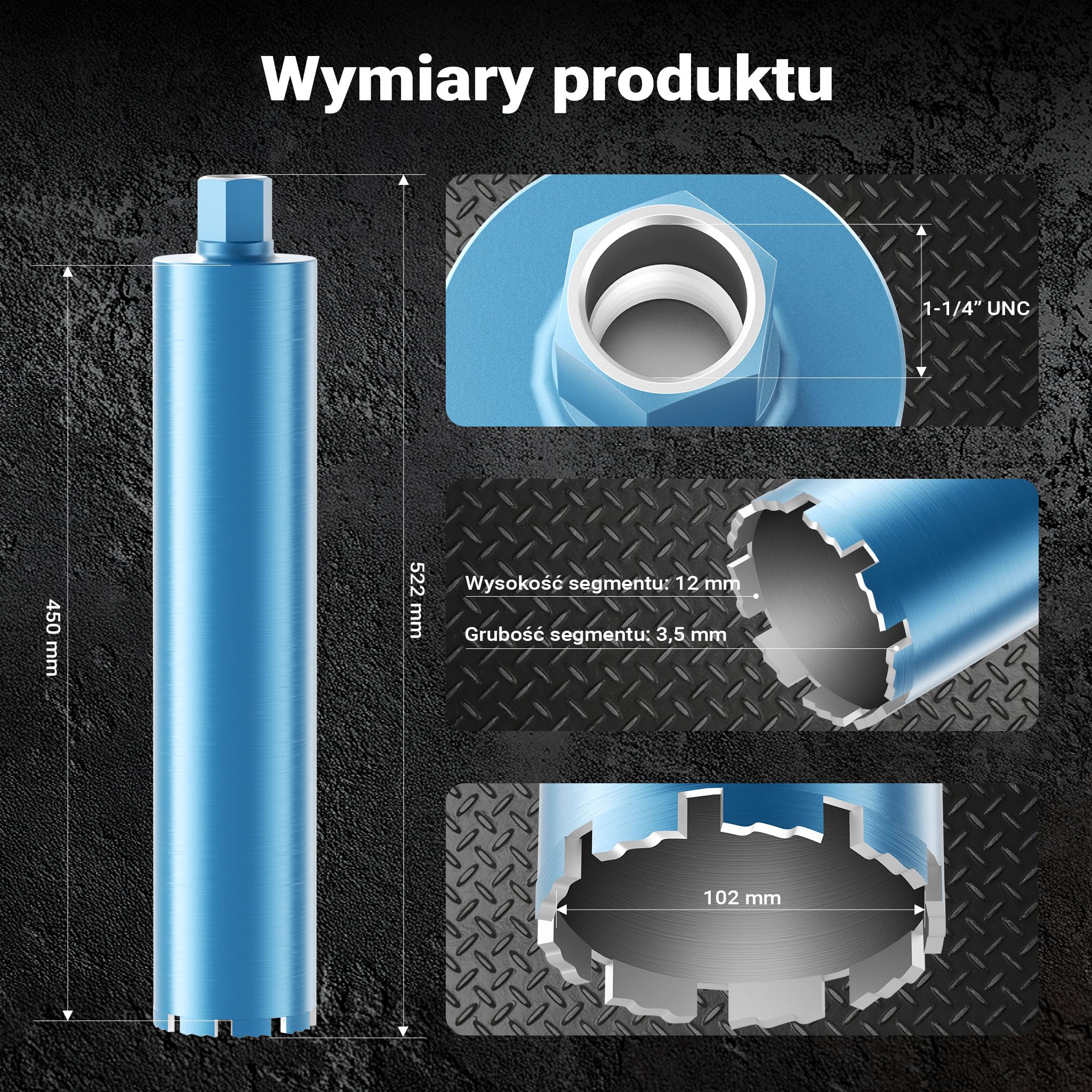 Wiltec Wiertło diamentowe koronowe typu Shark Ø 102 mm o długości 450 mm, 1¼ UNC, do wiercenia w betonie, kafelkach, kamienia i granitu