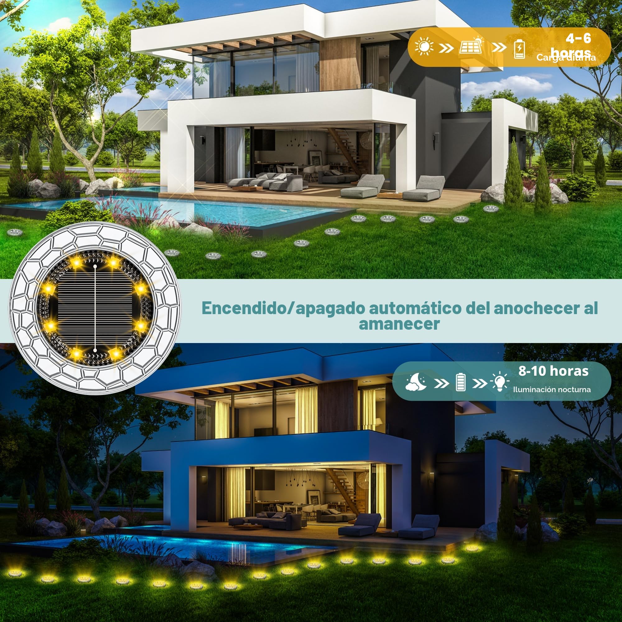 FIFlying 10 Piezas Luces Solares LED Exterior Jardín, 8 LED Luces Solares LED Exterior Jardín Suelo, Acero Inoxidable, Luces Solares LED Jardín para Césped, Camino, Acera, Patio, Blanco Cálido
