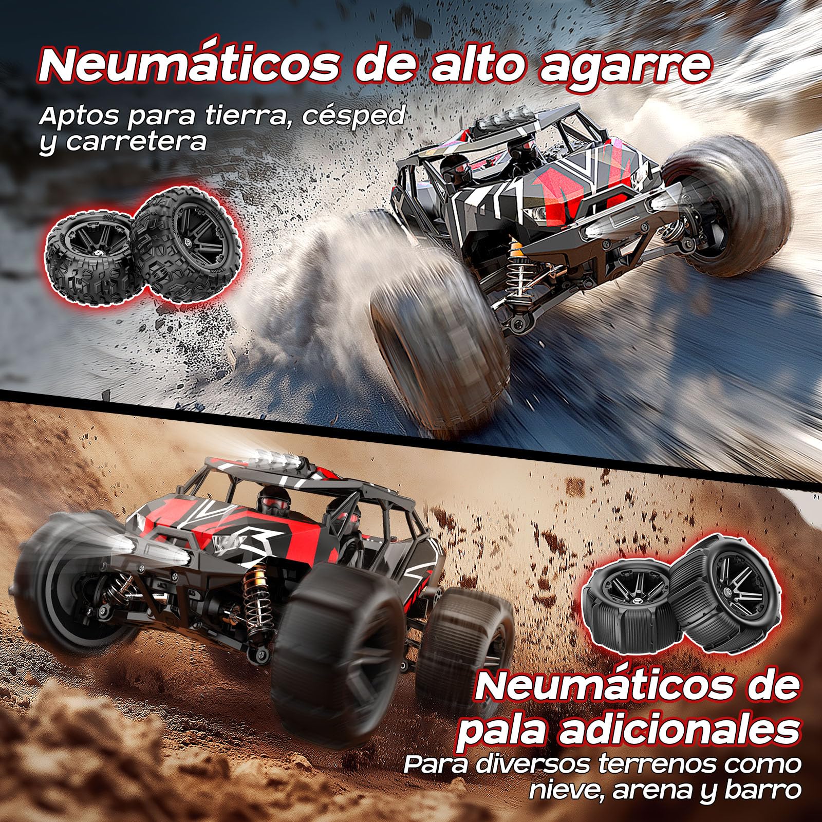 Coche Teledirigido adulto Brushless 1:14,RC Car Velocidad Máxima 70 km/h | 4WD Off-Road Truck Amortiguadores metálicos de aceite 2 Baterías 2S LiPo y Doble Juego de Neumáticos, Compatible con 3S