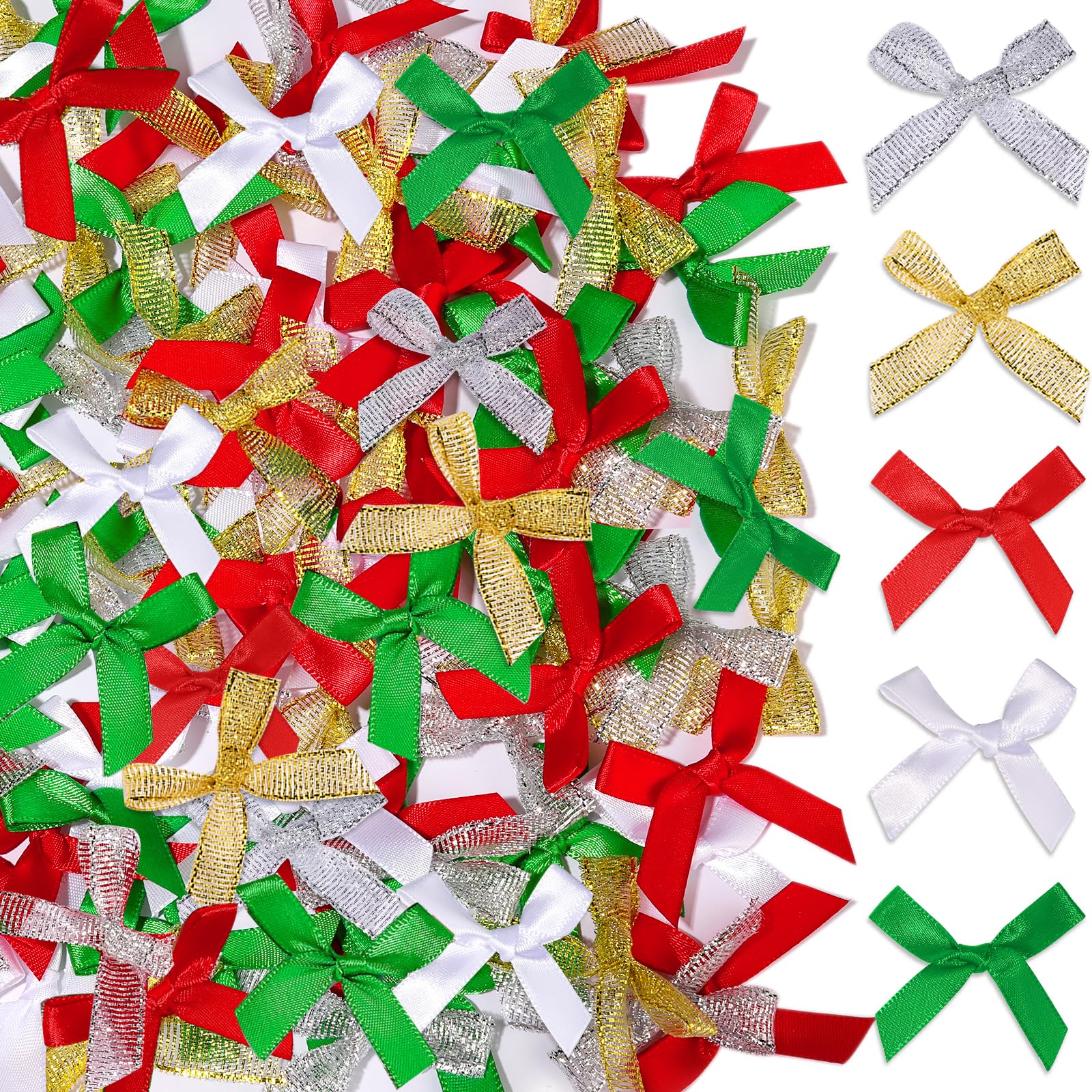 YGDZ Mini Bow Gift Wrapping Ribbons - 50 Pack, 5 Colors (Red, Green, Silver, Gold, White), Small Bow Ornaments for Crafts, Tree Decor & Gifts