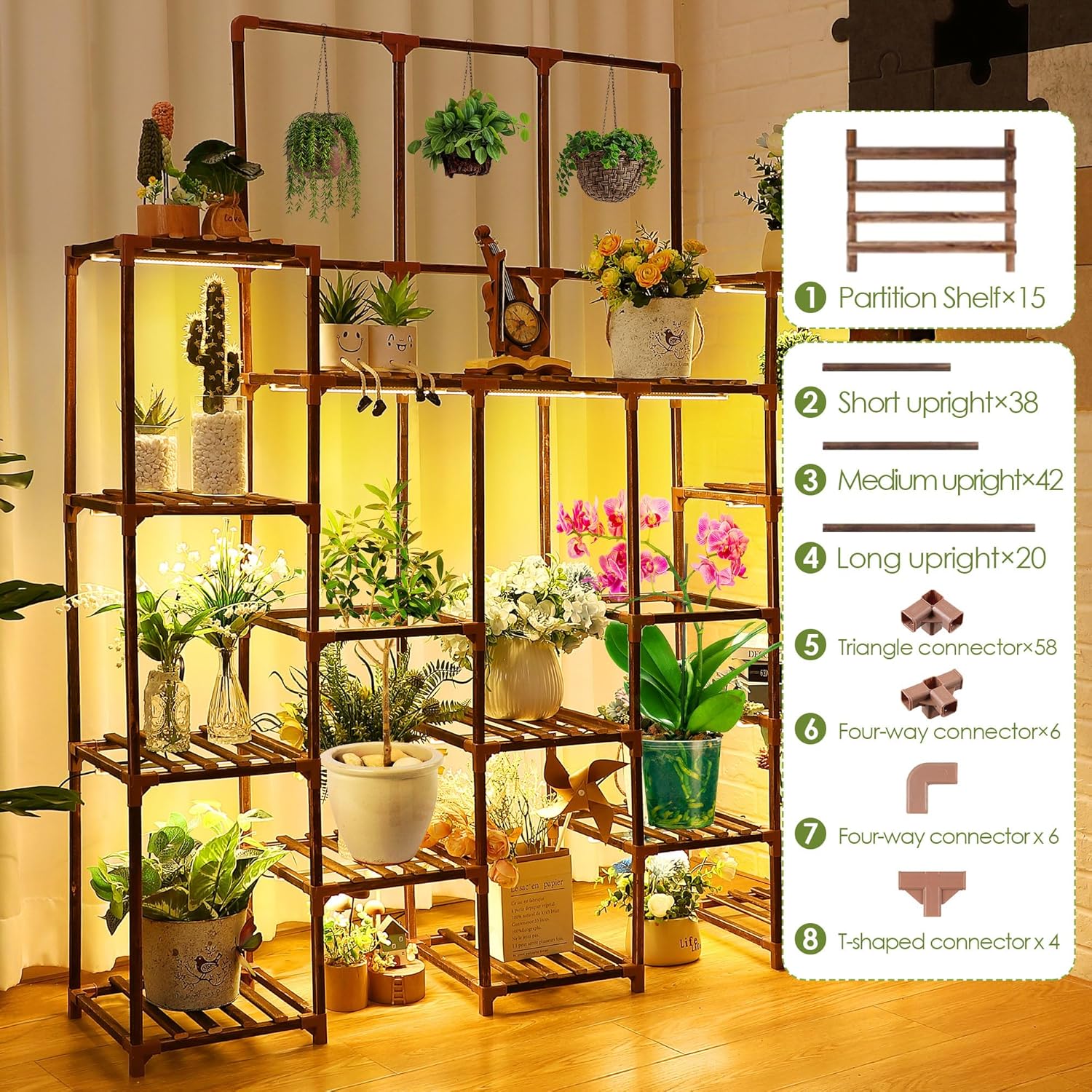 Dreyoo Plant Stand with Grow Lights, Wood Plant Shelf with Full Spectrum Grow Lamp for Indoor Corner, Vintage Multi Layer Lighted Stand for Living Room Balcony Display (15 Tiers Shape)