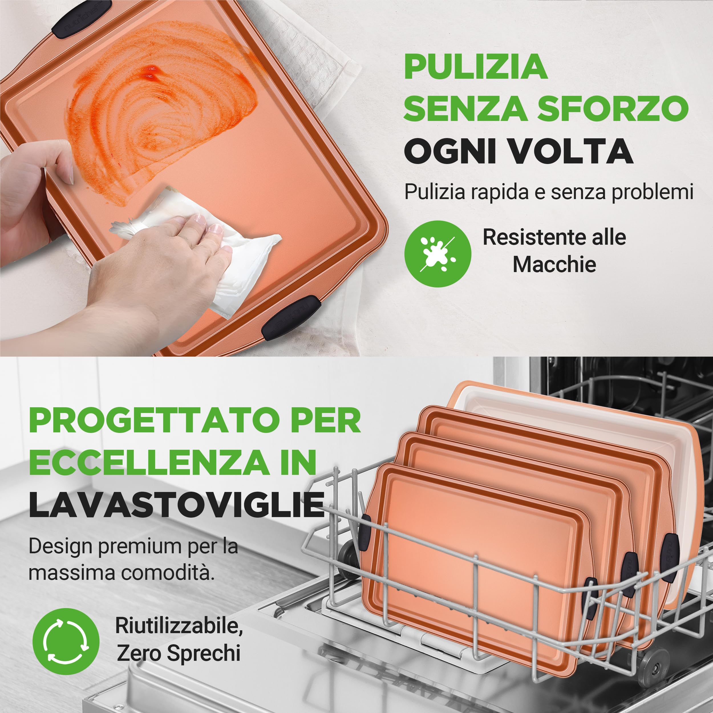 NutriChef Set 5 Teglie da Forno Antiaderente, Biscotti Impilabili, Teglia Arrosto Coperchio, Maniglie Silicone, Facili da Pulire, Rame