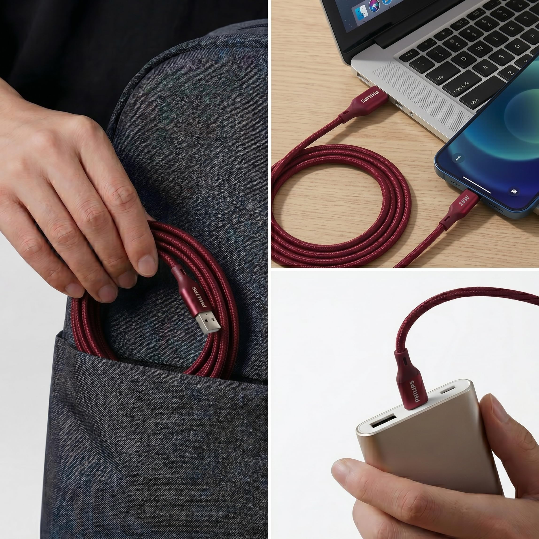 Philips 2m Fast Charging USB-C Cable - Iron Red -8