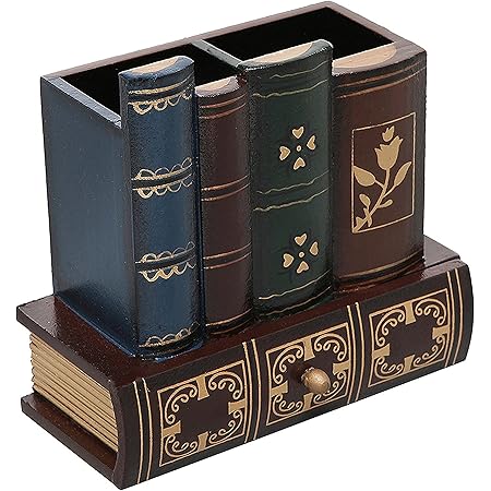MyGift Decorative Desk Organizer Caddy, Pencil and Pen Holder with Bottom Storage Drawer and Antique Library Books Design