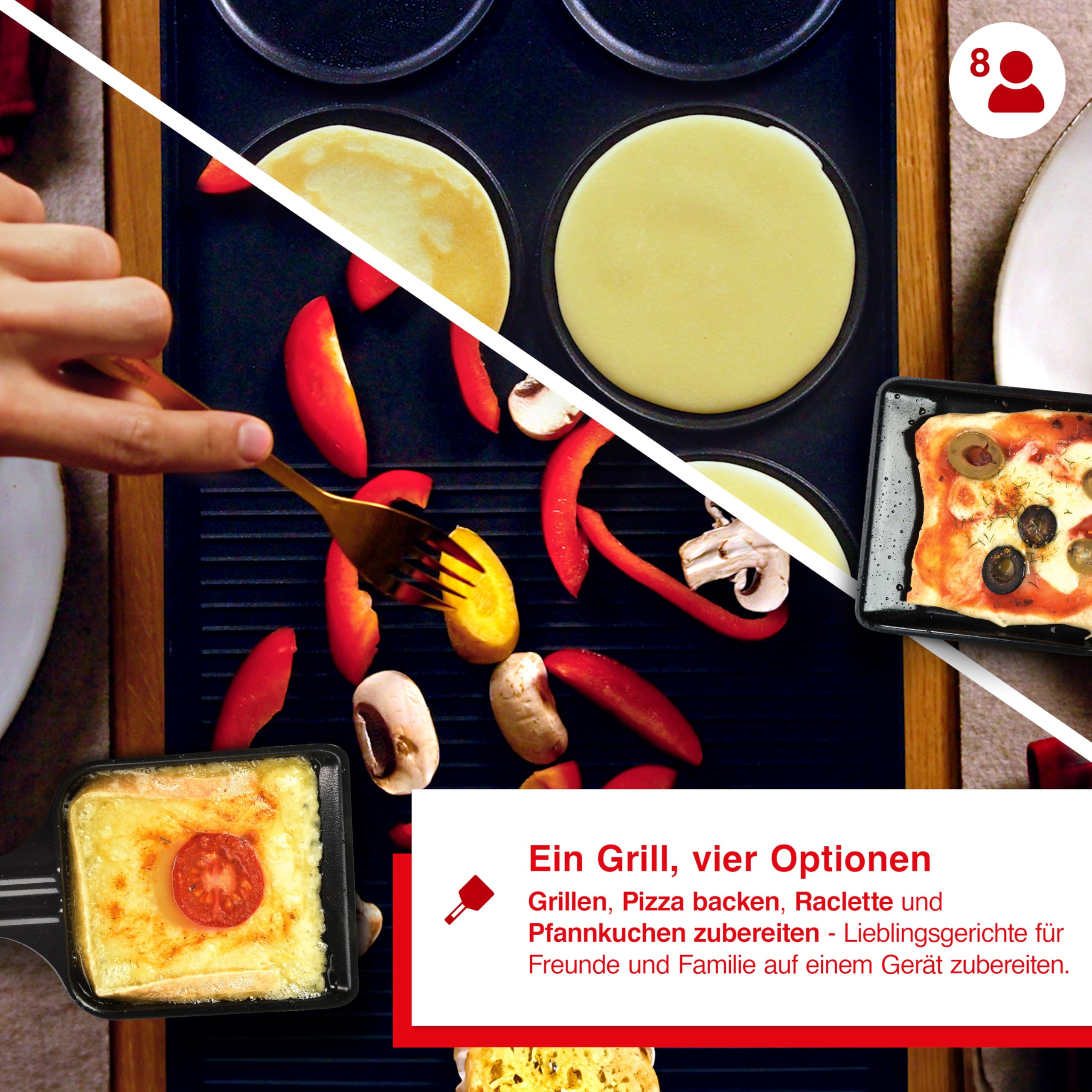 Solis Raclette Tischgrill 4-in-1 mit Grillplatte & Crêpe-Funktion | 1200W Ober- & Unterhitze, Antihaft, 8 Pfännchen, Mini-Pizza, für Familie & Freunde