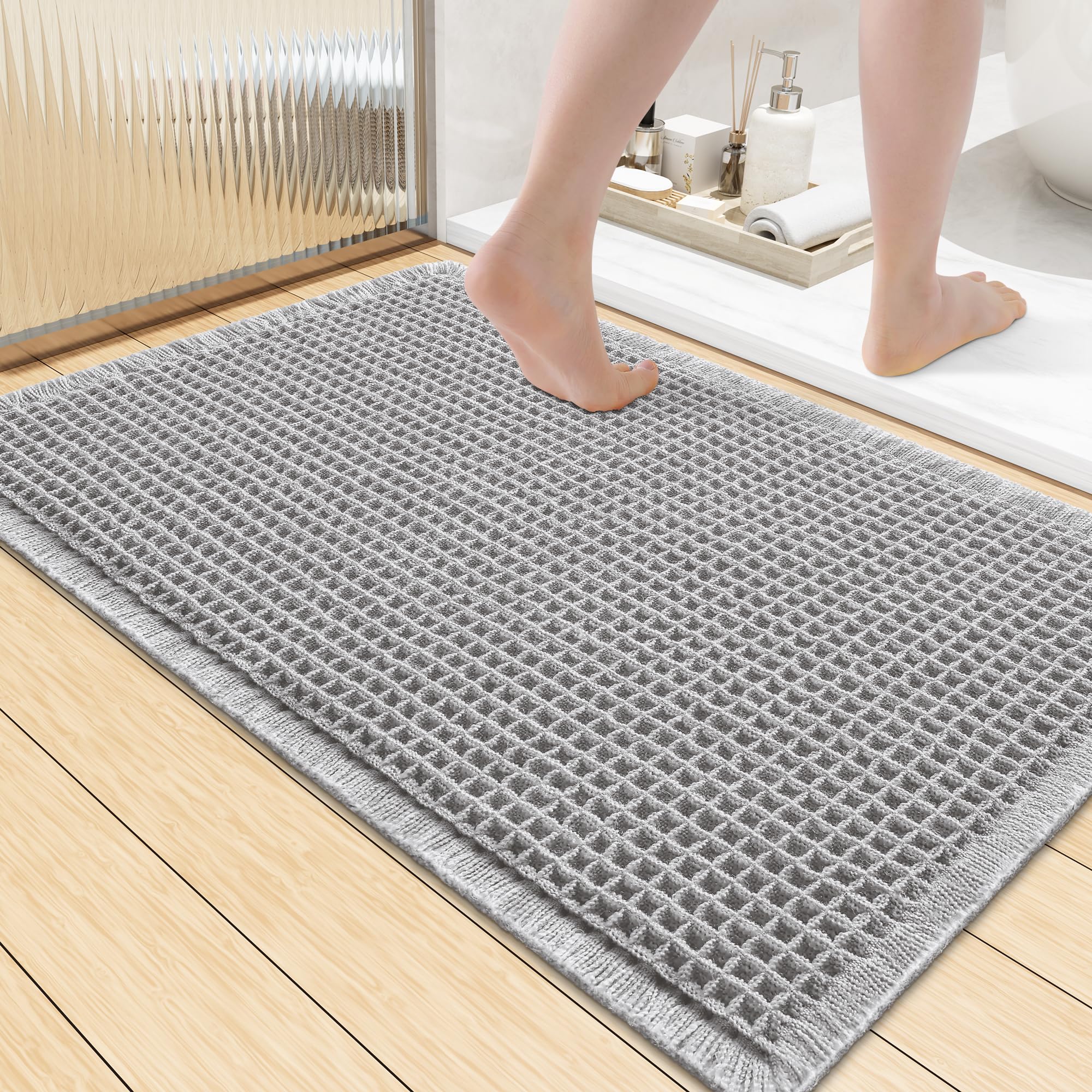 Smiry Waffle Bath Mat 36X24, Extra Soft Absorbent Bathroom Rugs, Light Grey
