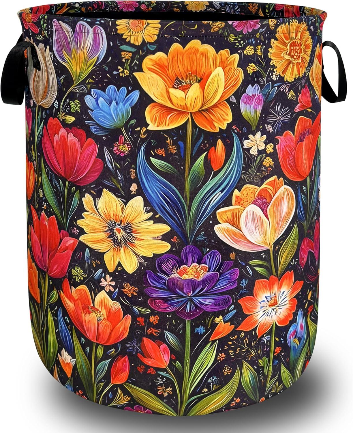 Bright Colorful Flowers Laundry Hamper Oxford Cloth Beautiful Floral Laundry Basket With Handle Portable Clothes Storage Basket Foldable Laundry Bag 18.9"x16.5" For Laundry Room/Bedroom/Bathroom