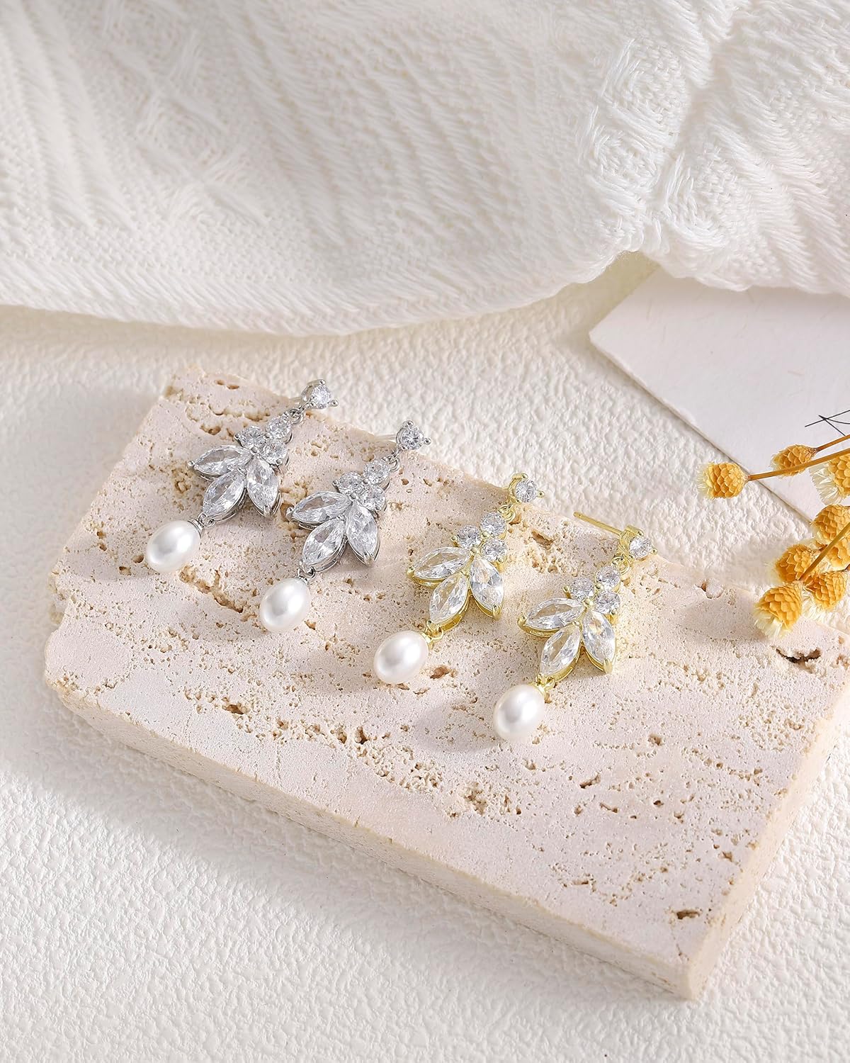 Pearl Earrings for Women, 14k Gold Plated Trendy Diamond Pearl Drop Earrings Bridal Shower Gifts Wedding jewelry for Women - Image 5