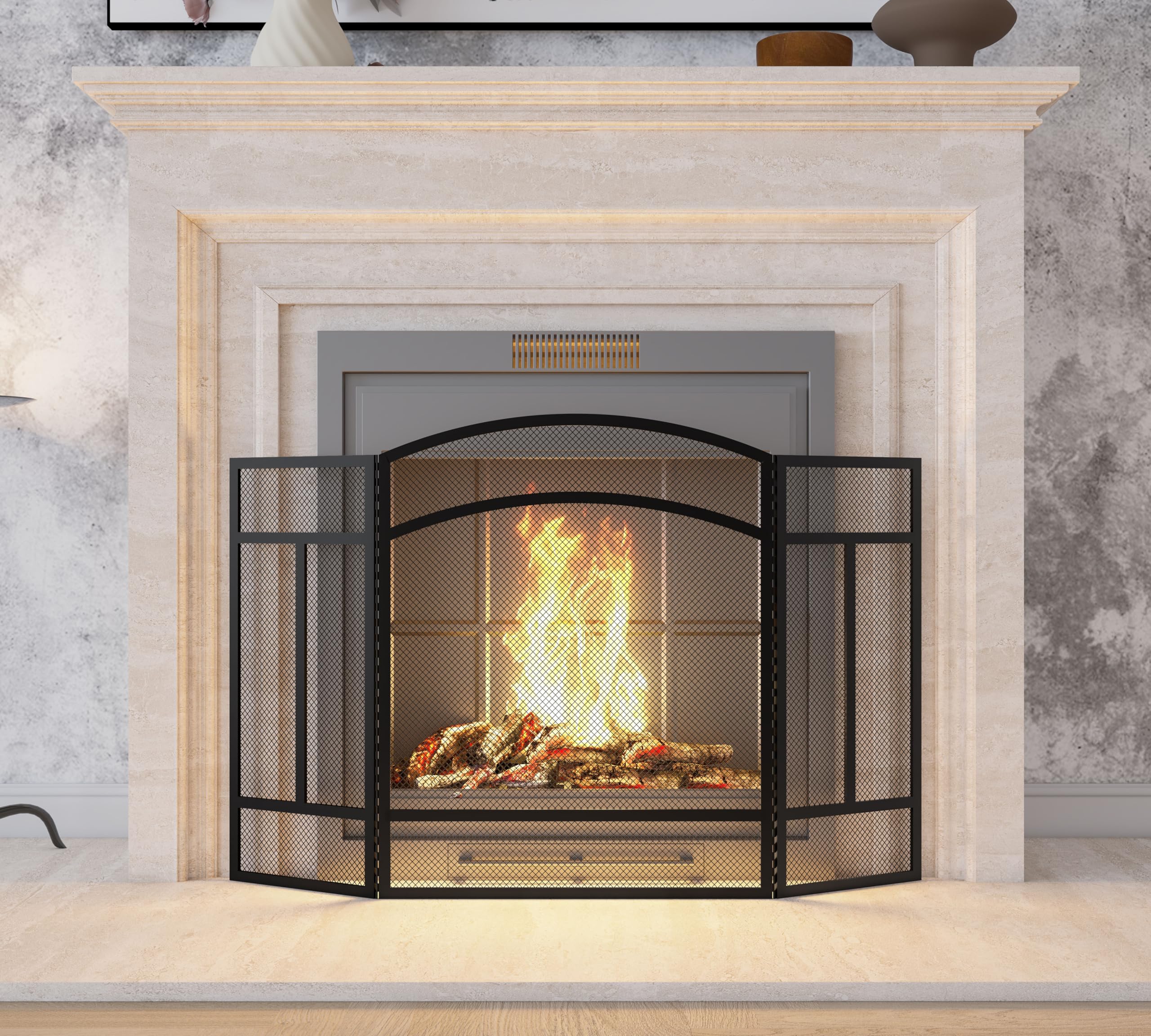 Pare-étincelles 3 panneaux 96,5 cm x 61 cm écran cheminée sans couture revêtement poudre noire