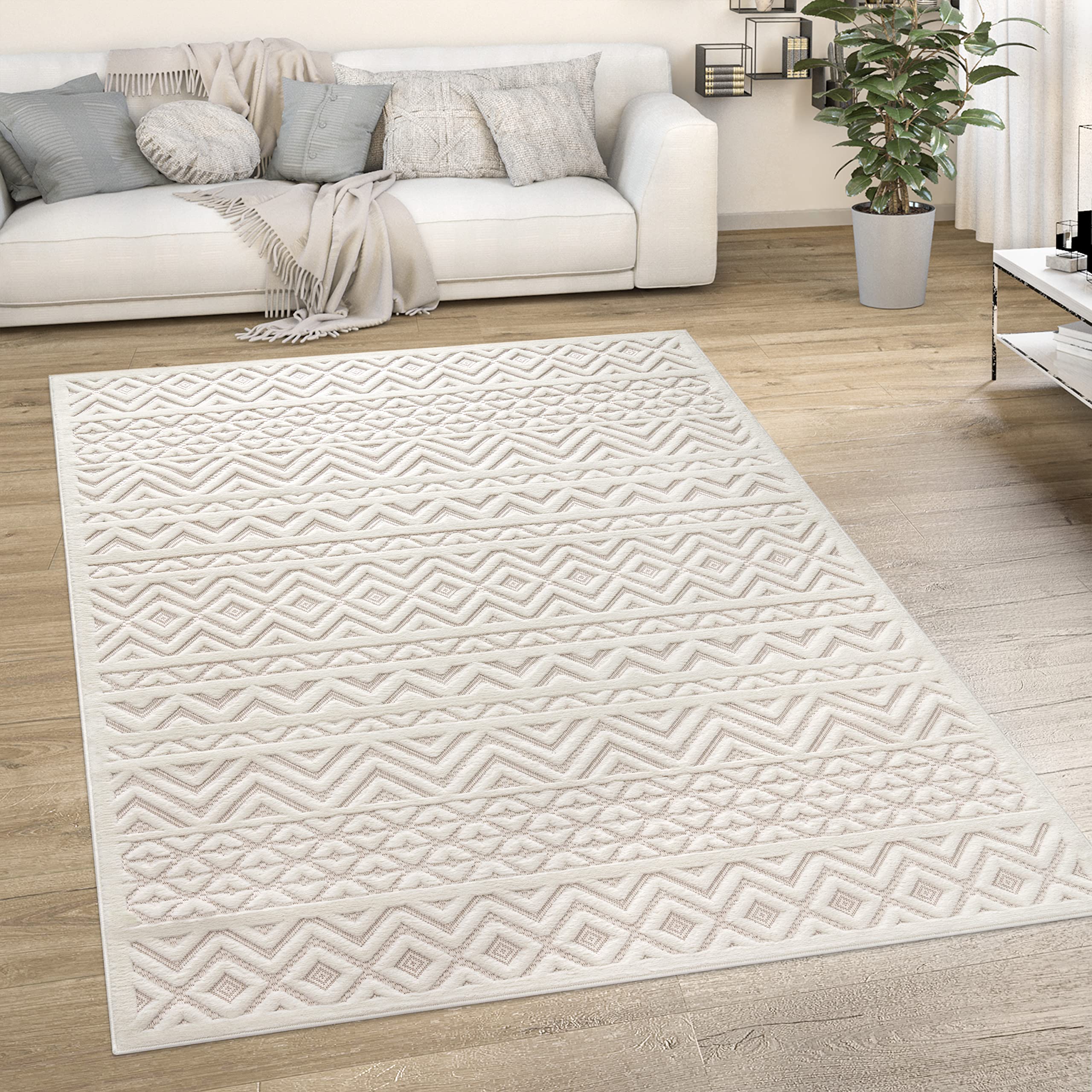 Paco Home Tapis Exterieur Terrasse Salon Cuisine Motif Scandinave Motif Ethnique Uni, Dimension:140x200 cm, Couleur:Crème