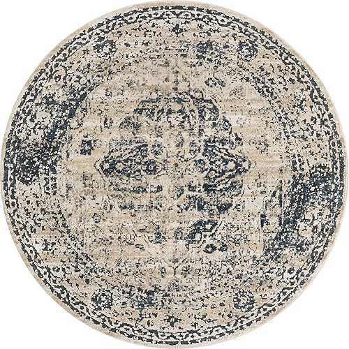 Miniatura 8 de Unique Loom Chateau Collection - Alfombra de área - Hoover (5 pies 1 pulgada redonda, azul oscurobeige)