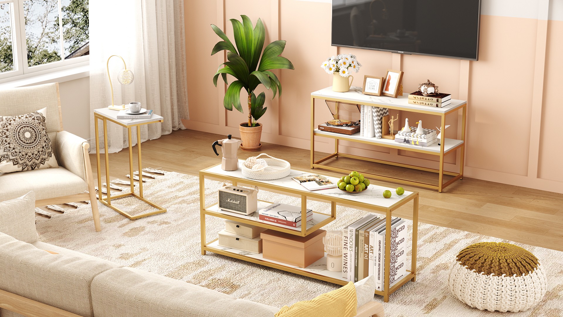 Function Home TV Stand for TVs up to 50 Inch, 3 Tier Entertainment Center, Modern TV Cabinet with Marble Top and Gold Metal Base, 42 Media Console Table with Storage for Living Room Bedroom