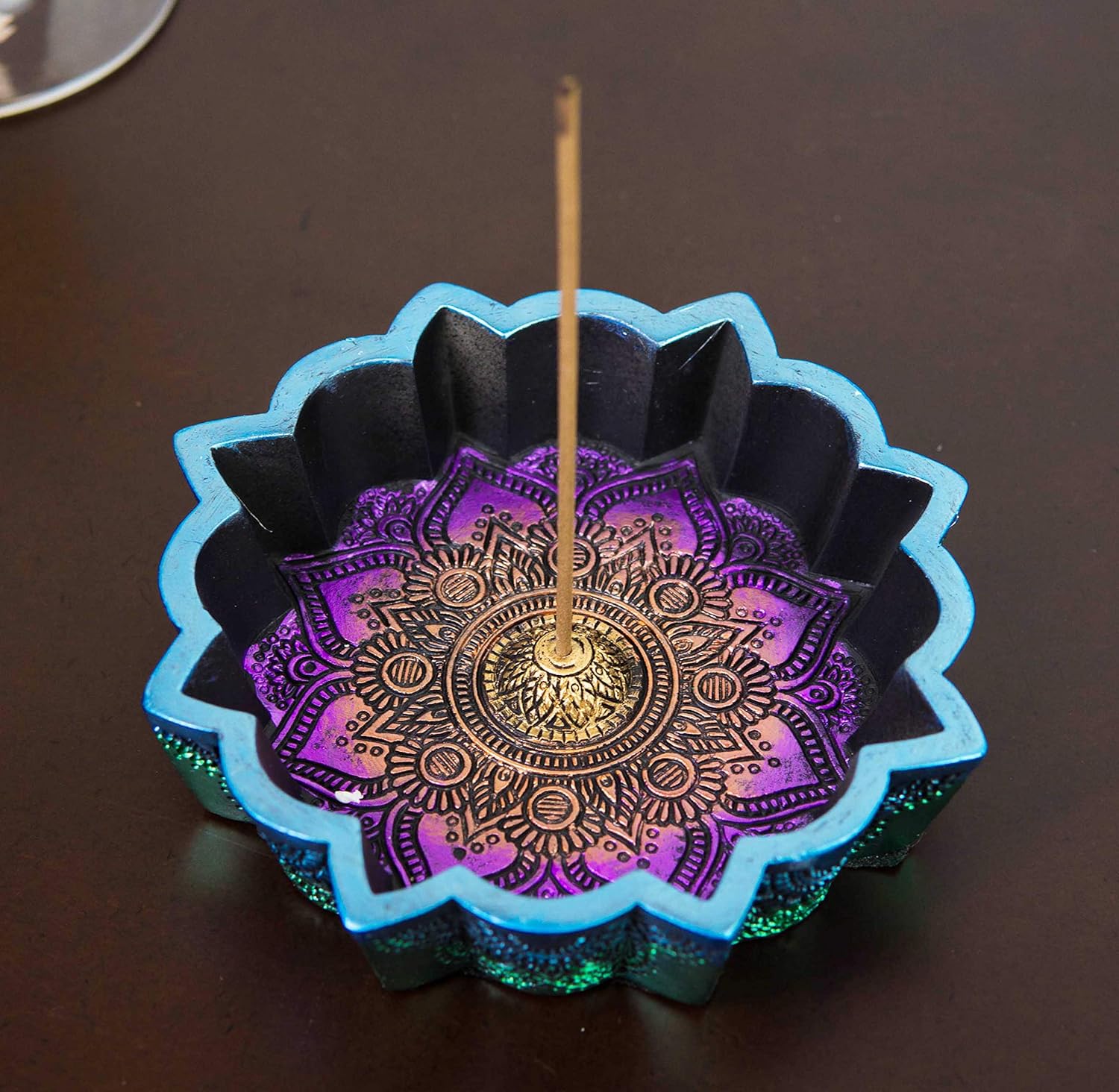 Ebros Gift New Age Colorful Iridescent Chakra Rainbow Buddhist Mandala 8 Spokes Wheel Flower Incense Stick Holder Burner Figurine Yoga Meditation Home Fragrance Accent
