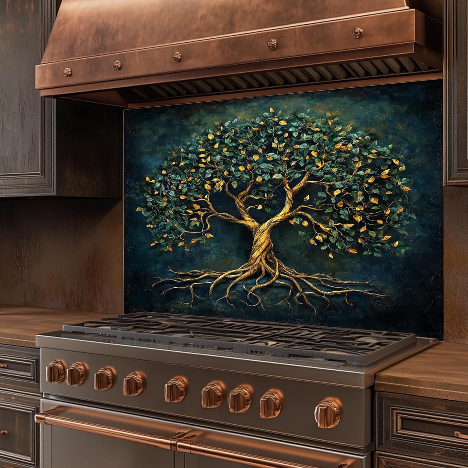 Tempered Glass Backsplash for Kitchen, Lush Tree of Life Glass Backsplash, Copper Look Backsplash for Kitchen Wall, Rustic Kitchen Backsplash, Easy to Install Stove Backsplash