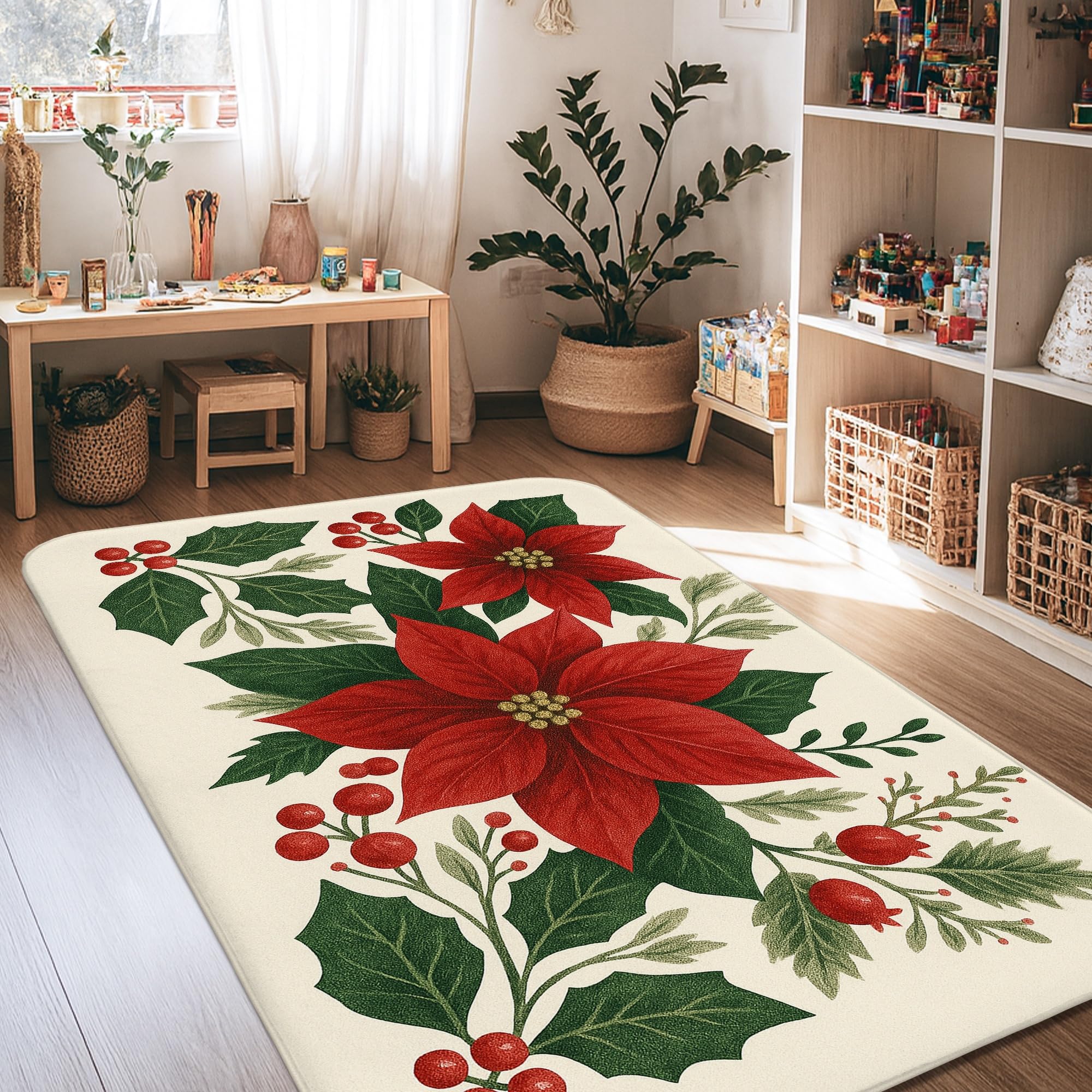 Tapis à poils courts Poinsettia anti-glisse avec sa bordure en mousse