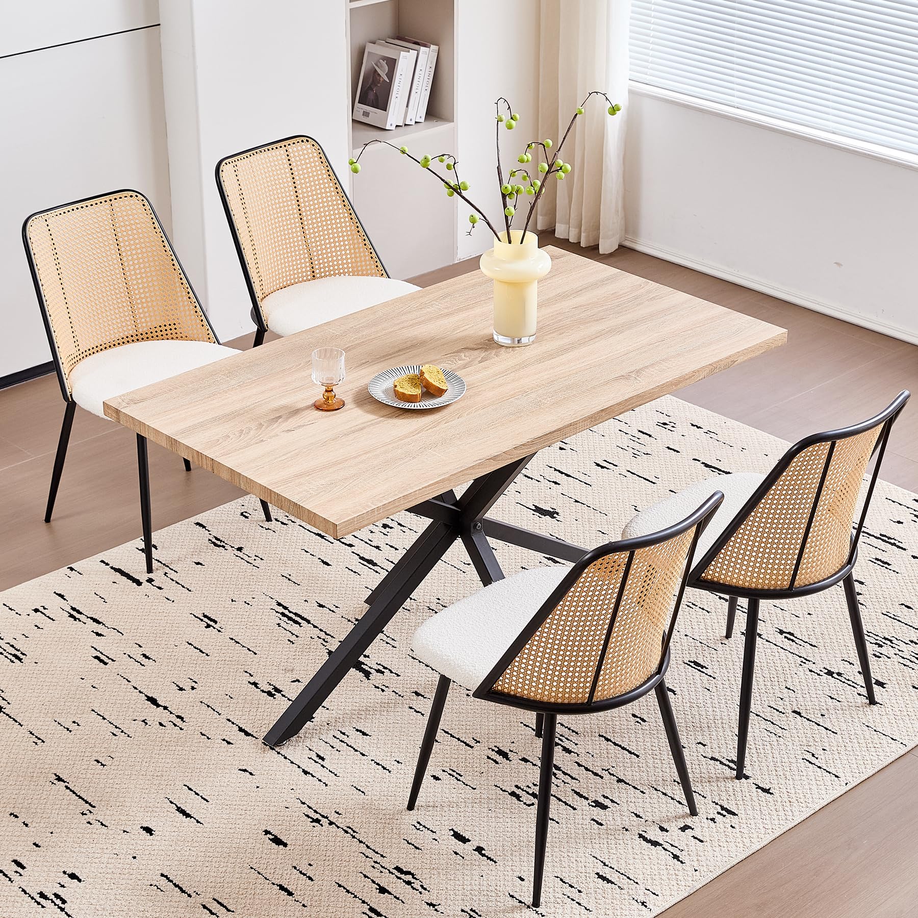 Juego de 8 Sillas de Comedor Modernas, Respaldo Tejido de Ratán, Asiento de Felpa Granulada, Estructura de Metal Negro, se Puede Usar como Silla de Cocina, Silla de Sala de Estar