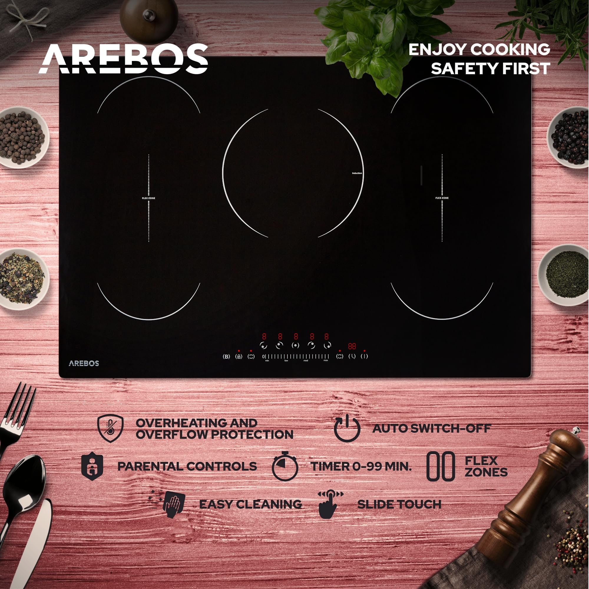 Arebos płyta indukcyjna | 9800 W | 5 palników z 2 strefami elastycznymi | 77 cm | autonomiczna | z czujnikiem dotykowym, timerem, blokadą dla dzieci, zabezpieczeniem przed przegrzaniem, automatycznym
