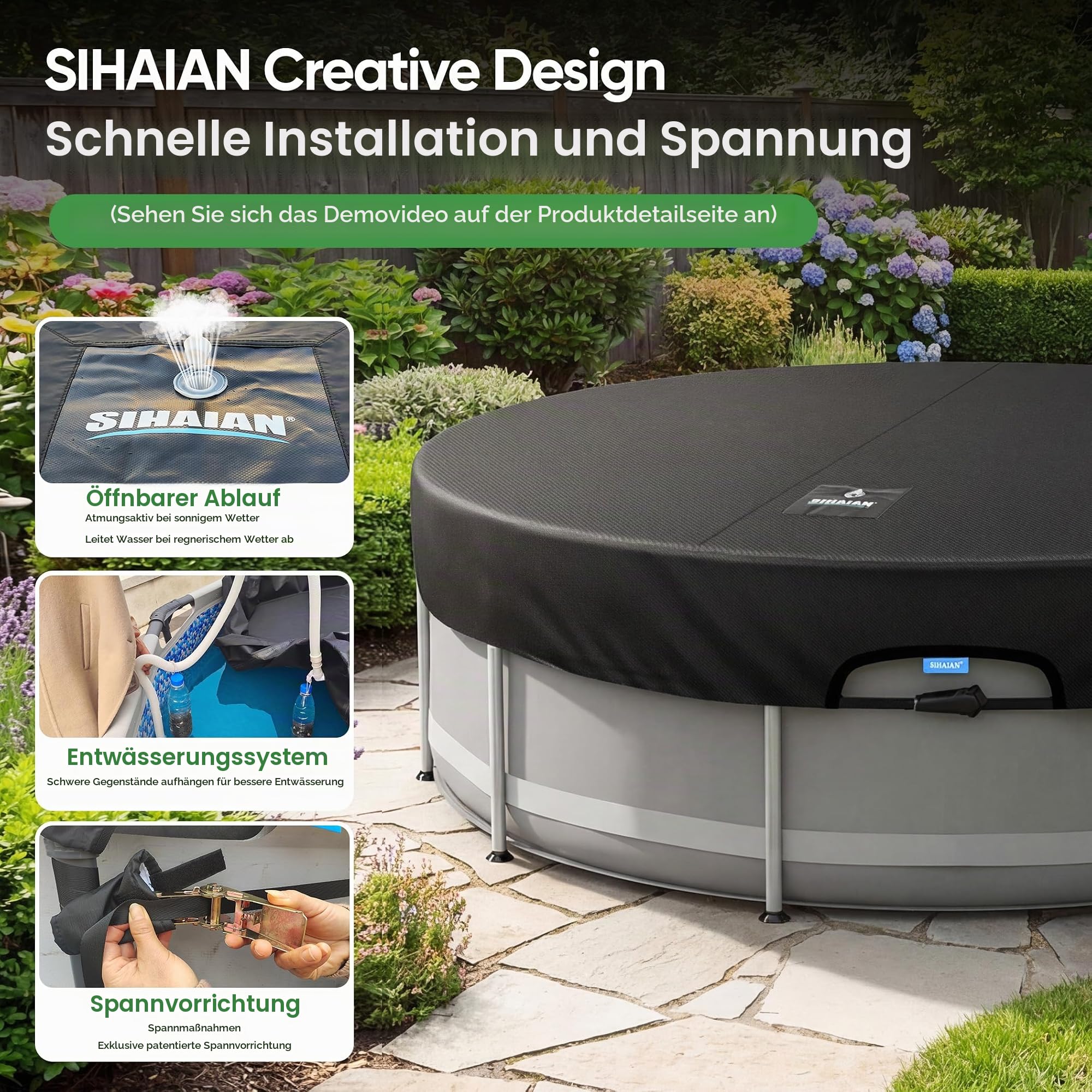 SIHAIAN Rundpoolabdeckung 427cm, Solar Poolabdeckung mit automatischem Abfluss für Aufstellpools, UV-Beständig, patentiertes einteiliges Spannsystem, verhindert Wasseransammlungen