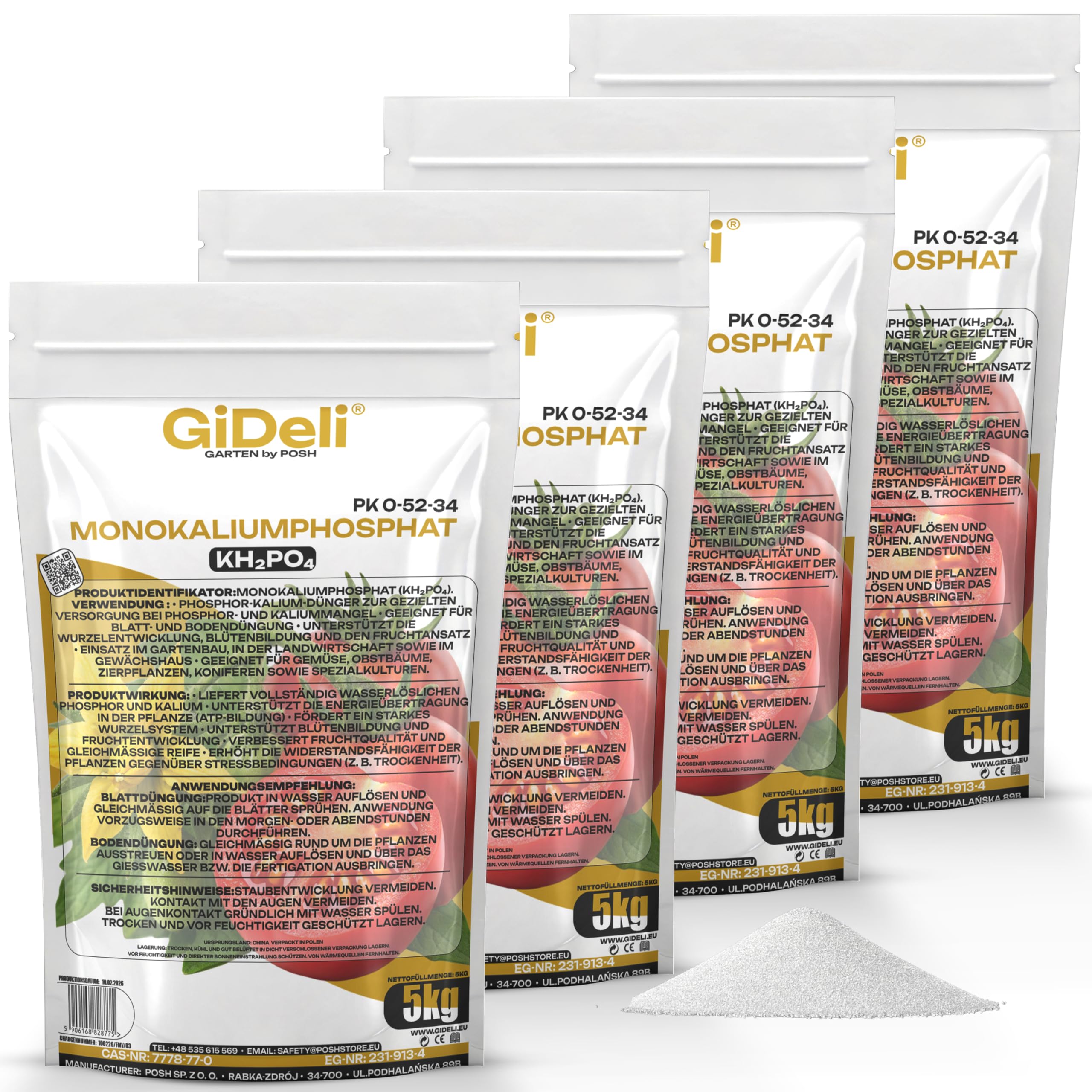 GiDeli Fosfato Monopotassico MKP 4x5kg - Concime Idrosolubile per Fertirrigazione e Uso Fogliare - Ideale per Orto, Serra e Alberi da Frutto - Senza Azoto, Favorisce Fioritura e Fruttificazione