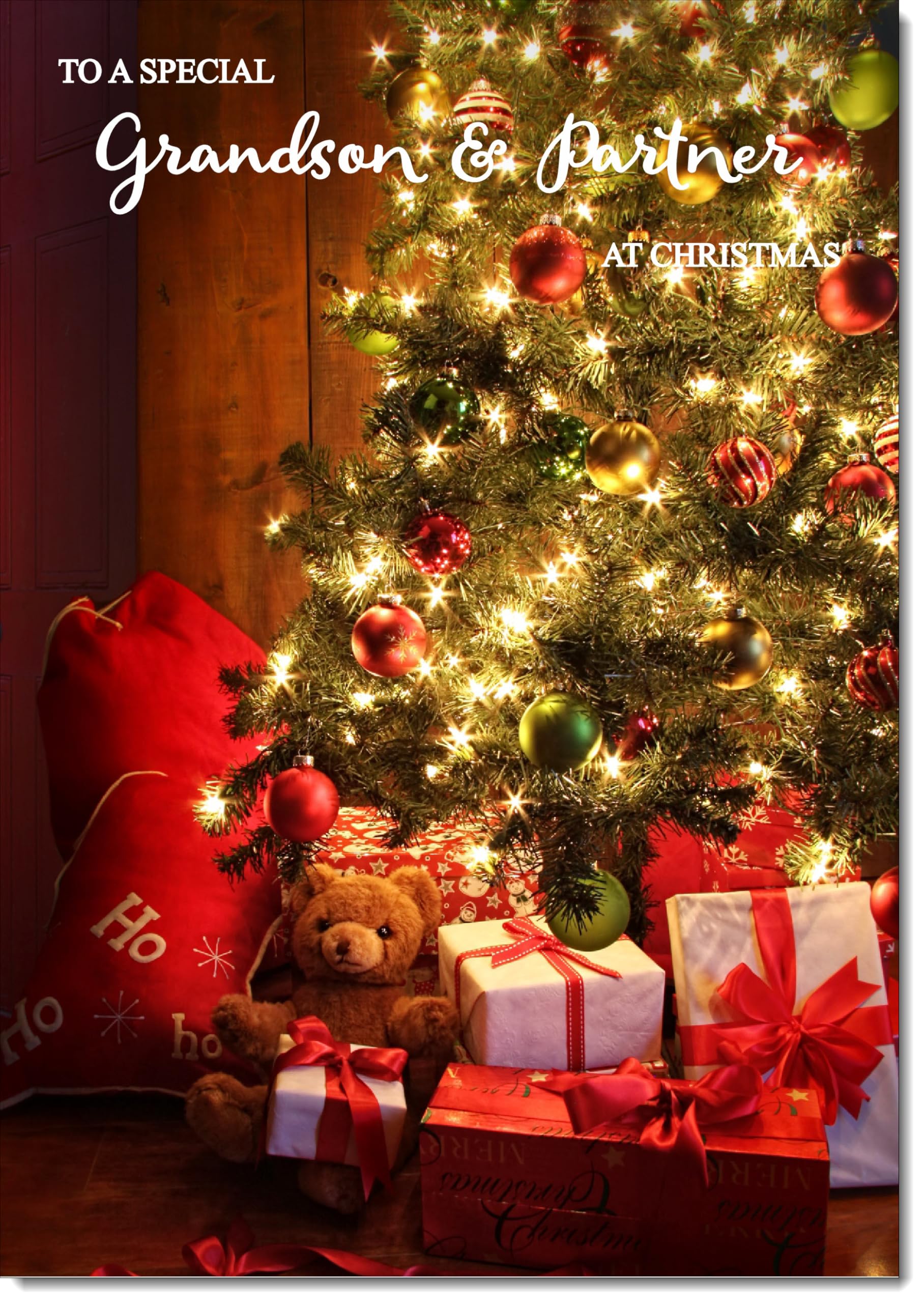 doodlecards Grandson and Partner Christmas Card Teddy by Christmas Tree Large A4 Size Christmas Card for Grandson & Partner with Plain Envelope