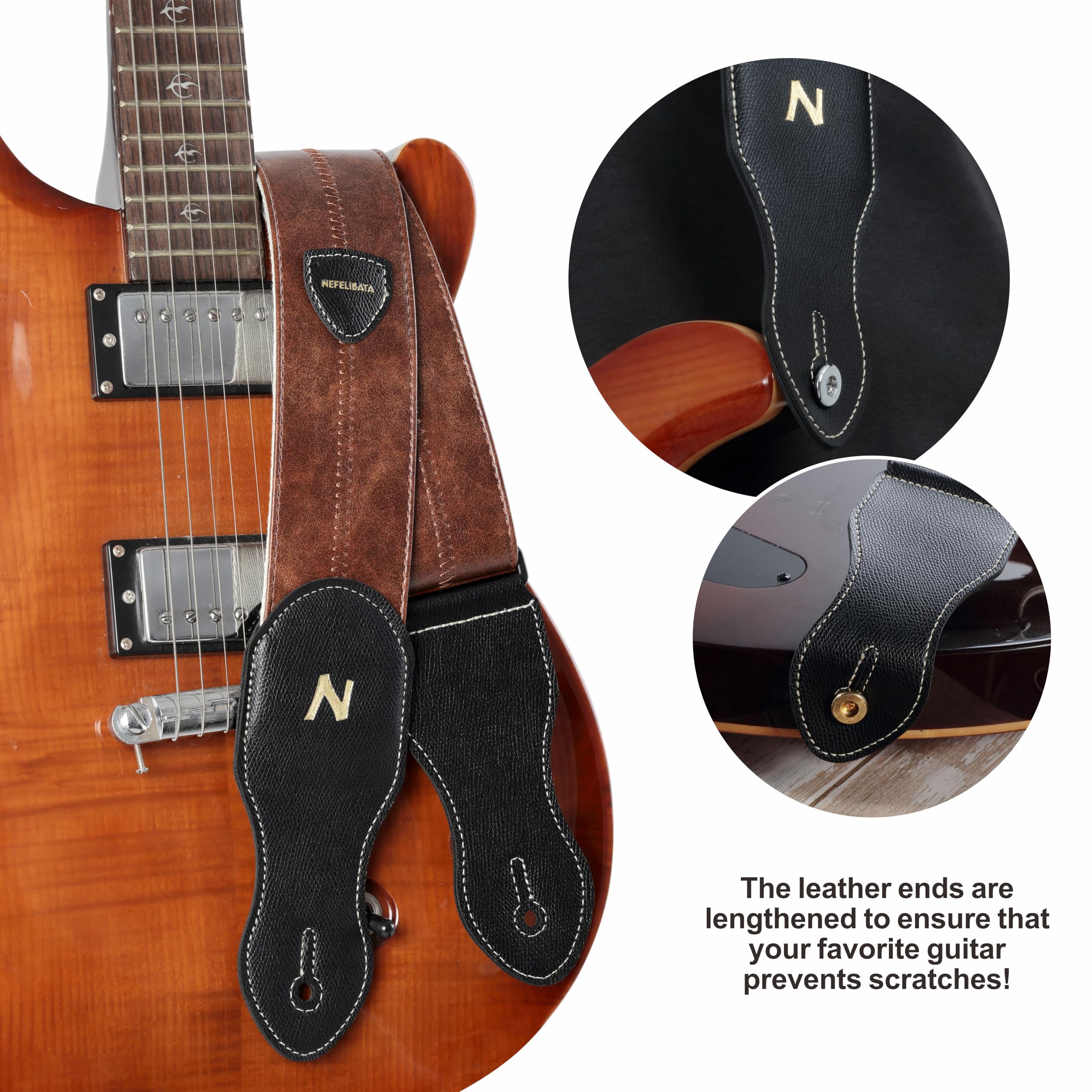 Nefelibata Guitar Strap with Pick Pocket, 2.3 inch Soft Vegan Leather Guitar Straps, 60s Vintage Style?Brown?