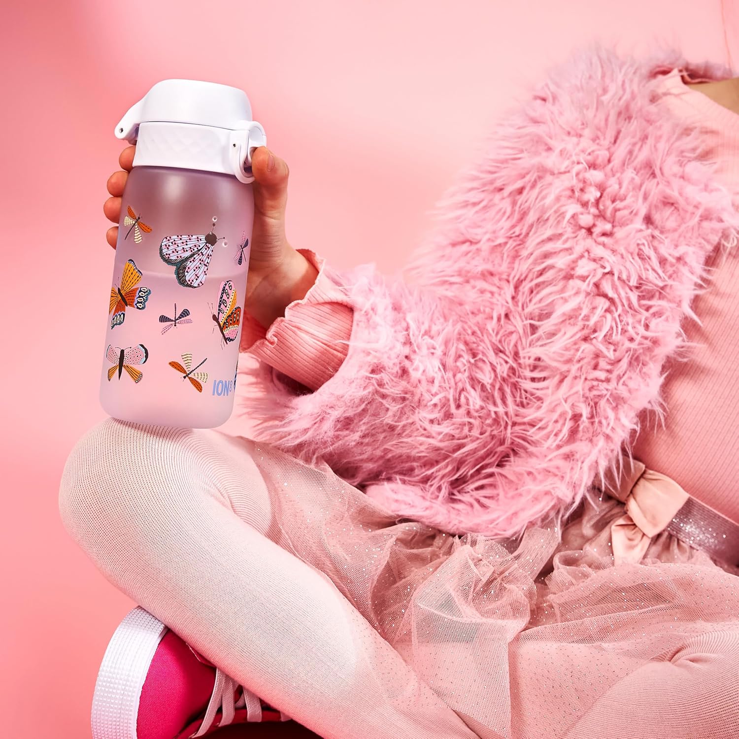 ION8 Small Water Bottle, 350 ml/12 oz, Leak Proof, Easy to Open, Secure Lock, Dishwasher Safe, BPA Free, Carry Handle, Hygienic Flip Cover, Easy Clean, Odor Free, Carbon Neutral, White, Wild Butterfly - Image 8