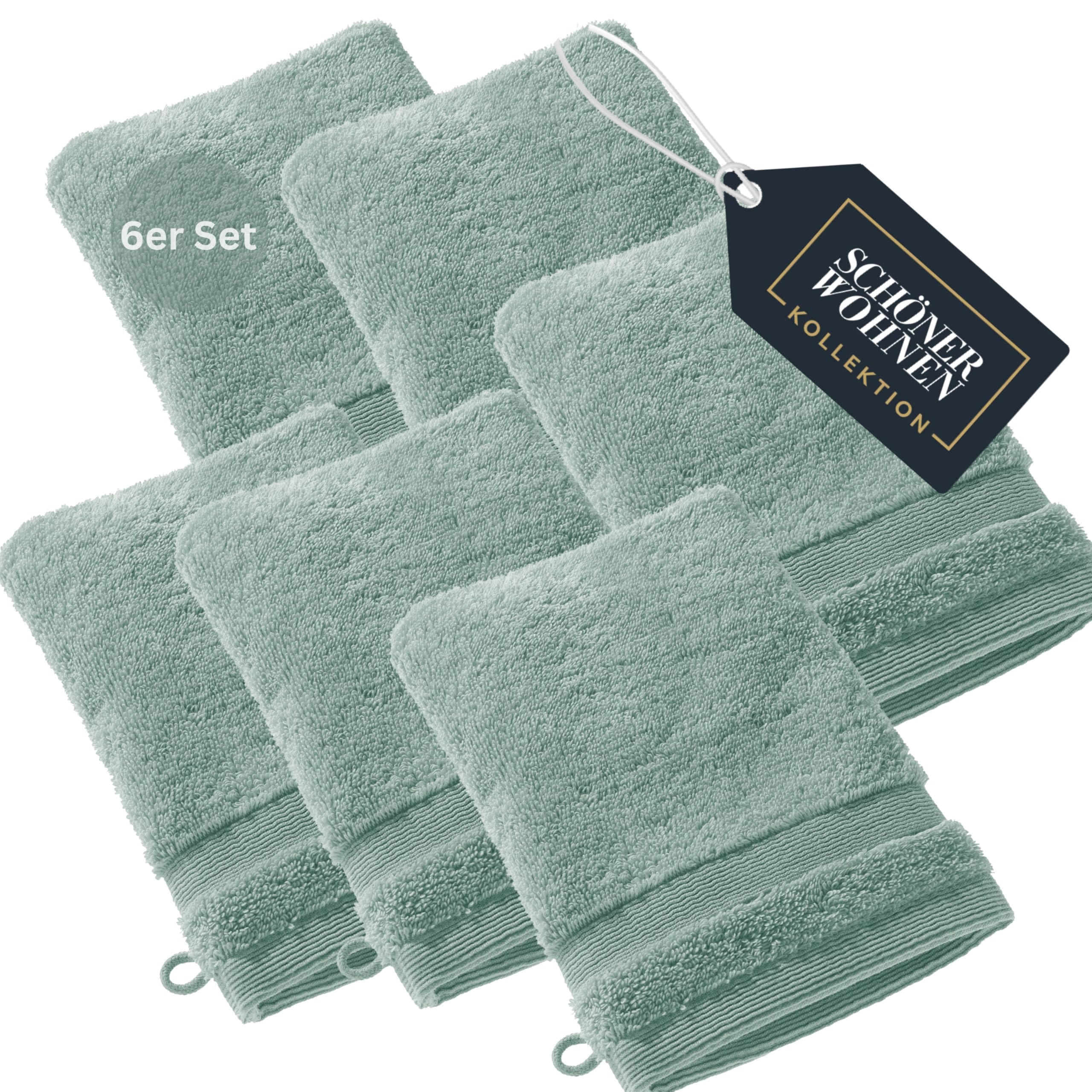 SCHÖNER WOHNEN 6er Set Premium Frottee Waschhandschuh Baby 16x21 - saugstark 500g/m² - Luxus Waschlappen grün - 100% Baumwolle - flauschig für Kinder Körper - Handtuch-Set kombinierbar - Öko-Tex
