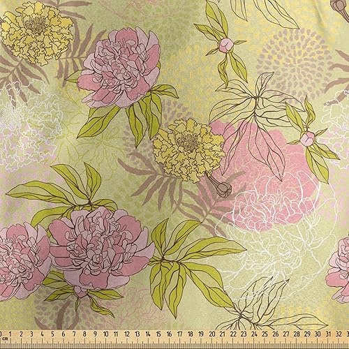 Miniatura 2 de Ambesonne Garden Art Fabric by The Yard, Tender Beauty of Spring Nature Theme with Hand Drawn Peony Blossoms and Buds, Decorative Satin Fabric for