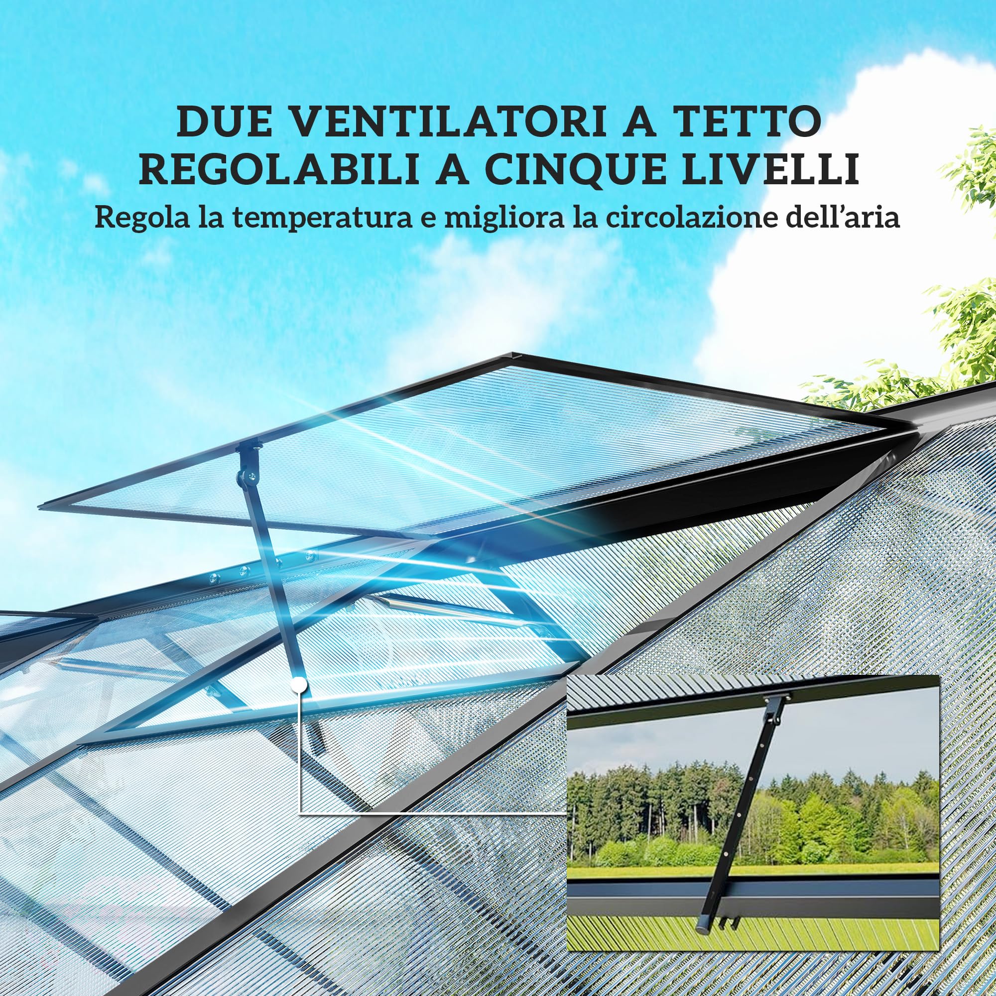 Outsunny Serra da Giardino Policarbonato con Grondaie 304x247x205cm Nero | 7.5㎡, Telaio in Lega di Alluminio, Serra per Orto, 2 Finestre a Tetto Regolabili, Porta a Battente, Anti UV, per Piante