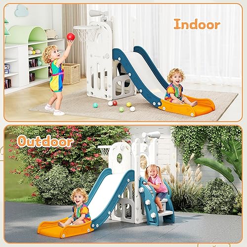 Miniatura 7 de Tobogán 6 en 1 para niños de 1 a 3 años, para interiores y exteriores, con aro de baloncesto, almacenamiento, escalador y telescopio, tobogán en