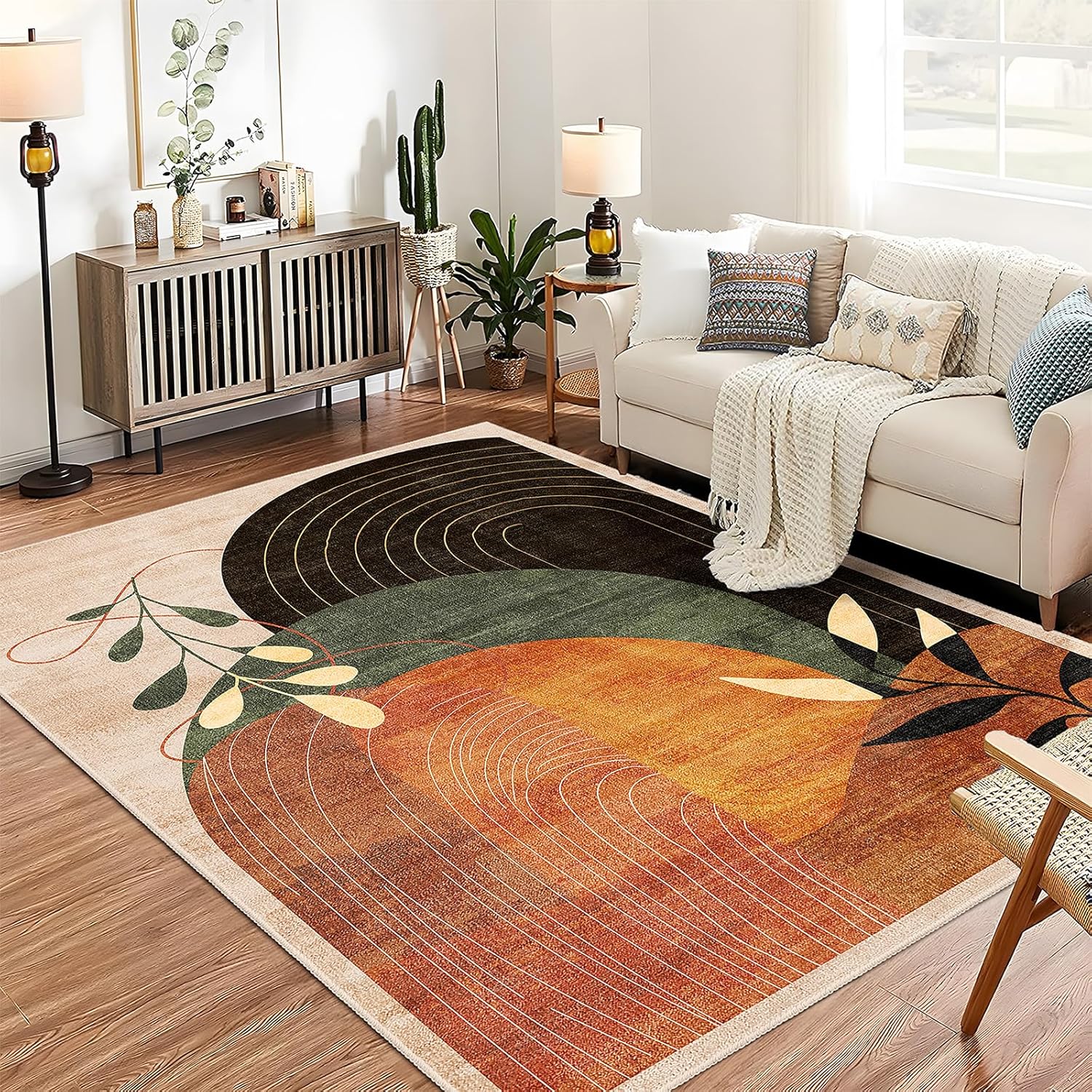 MUJOO 5x7 Area Rugs for Bedroom Living Room,Boho Washable Rug Non Slip Throw Carpet for Office Dining Room Indoor Mid Century Modern Abstract Botanical Geometric Accent Terracotta