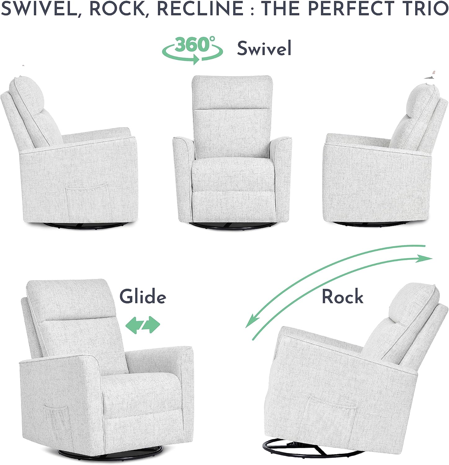 Evolur Aria Upholstered Plush Seating Glider Swivel with Ottoman in Fog Grey, Greenguard Gold Certified Modern Nursery Chair with Side Pockets, Tool-Free Assembly, Easy to Clean