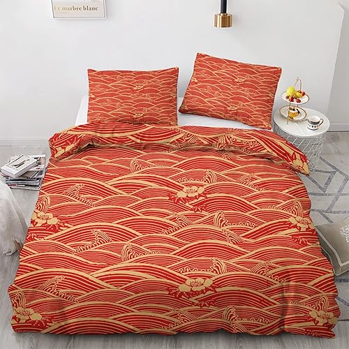 YIKODA Chinese Traditional Duvet Cover California King Size - Cotton Like Soft Cal King Comforter Cover Set 3 Pieces with Zipper and Ties Waves - 1